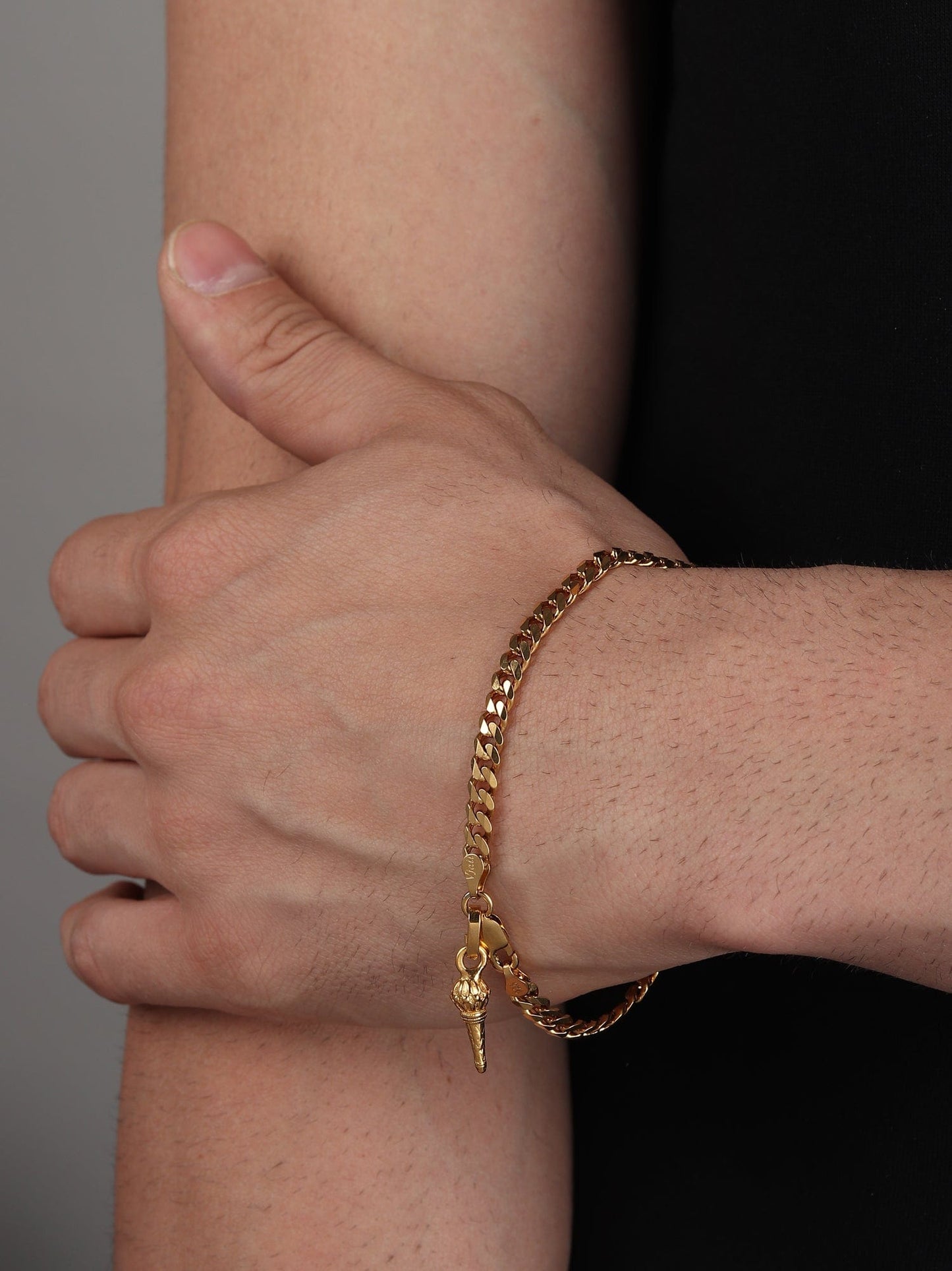 22KT gold plated 92.5% pure Sterling Silver Curb Designer Bracelet with Hanuman/Bajrang Bali Gada for Men & Boys