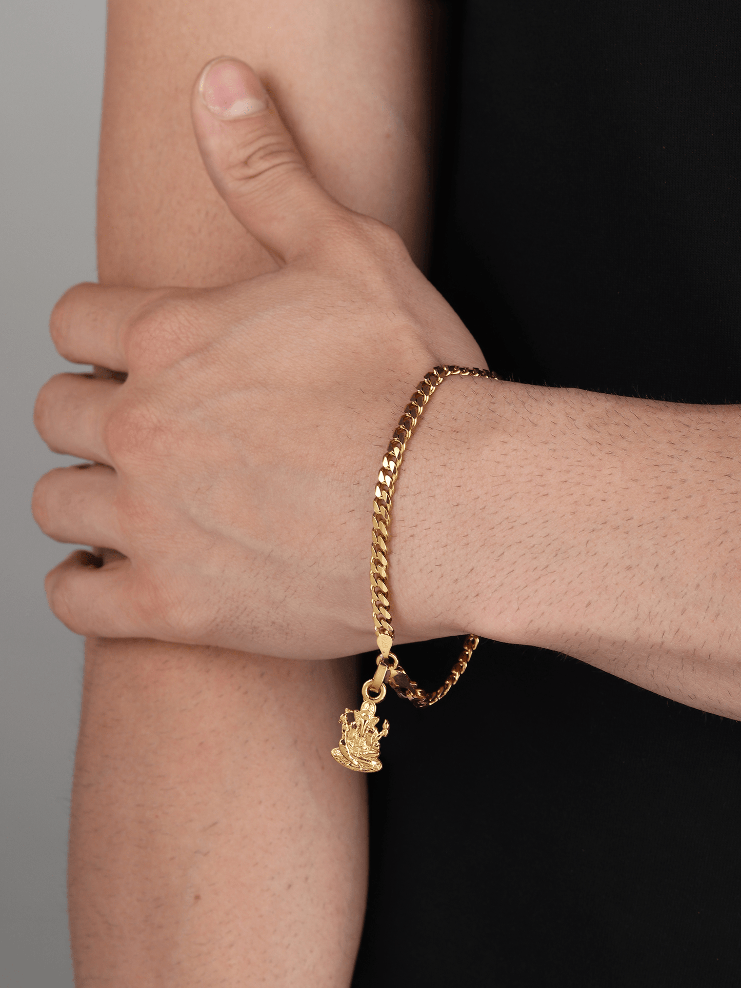 22KT gold plated 92.5% pure Sterling Silver Curb Designer Bracelet with Charm Ganesh for Men & Boys