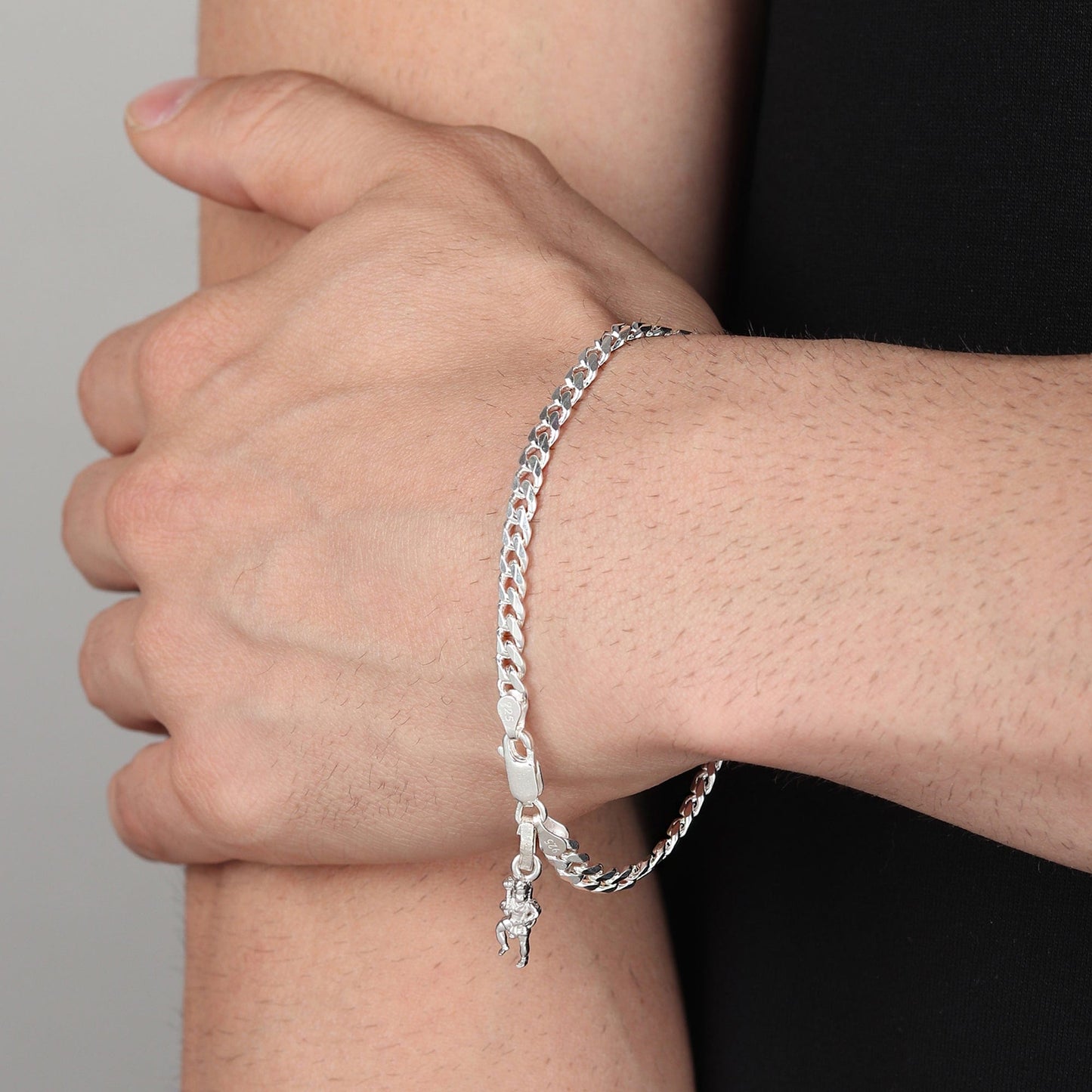 92.5% pure Sterling Silver Curb Designer Bracelet with Charm Hanuman/Bajrang Bali for Men & Boys