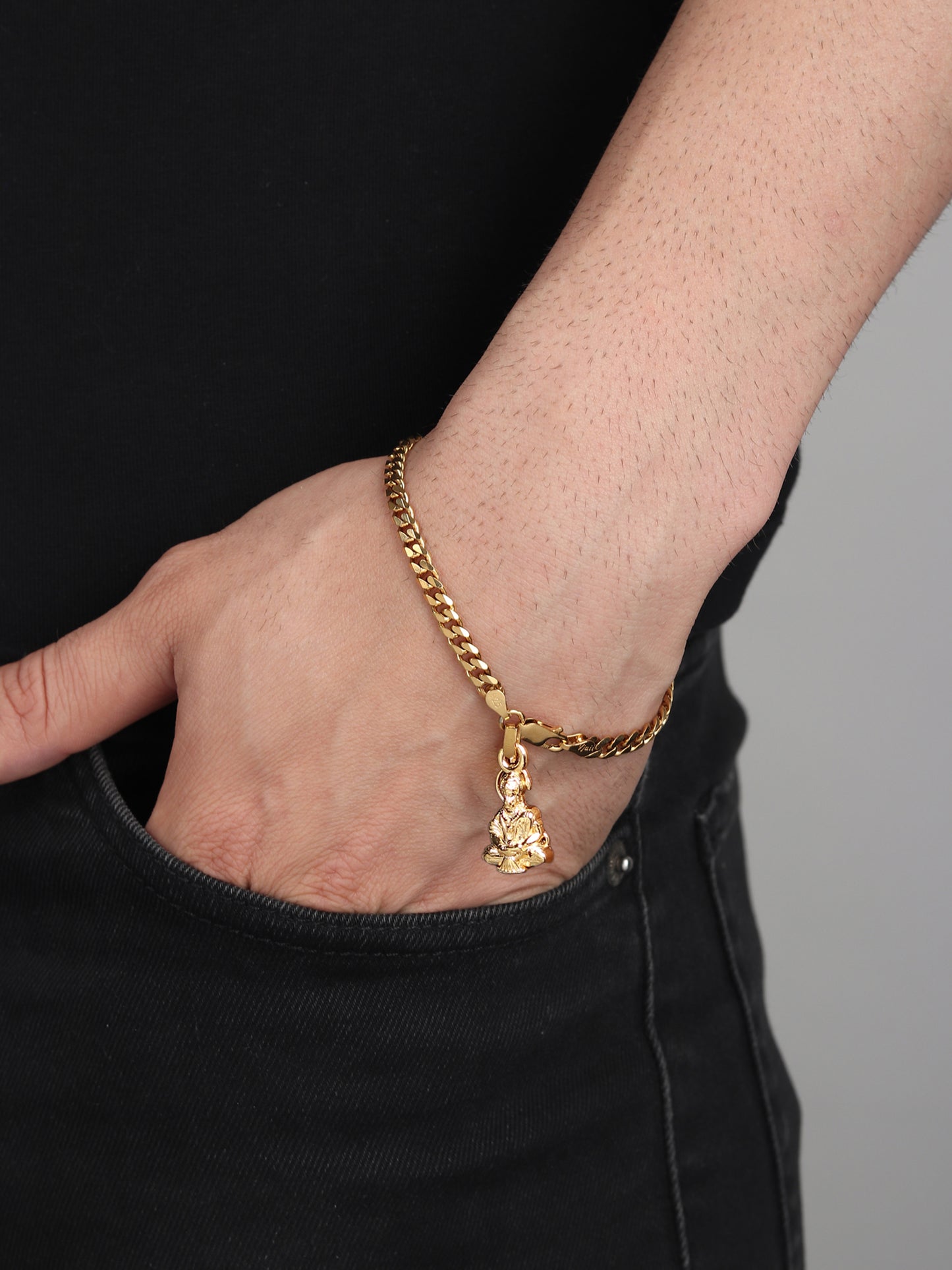 22KT gold plated 92.5% pure Sterling Silver Curb Designer Bracelet with Charm Hanuman/Bajrang Bali for Men & Boys