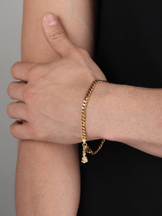 22CT Gold Plated 92.5 Pure Sterling Silver Curb Bracelet with Hanuman Charm for Men by Akshat Sapphire Gold_BRMCKD7150