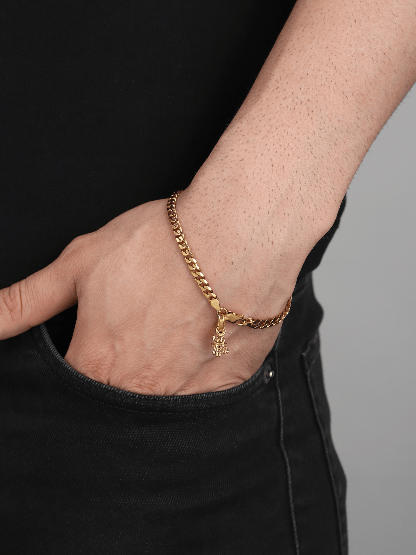 22KT gold plated 92.5% pure Sterling Silver Curb Designer Bracelet with religious 786 charm for Men & Boys
