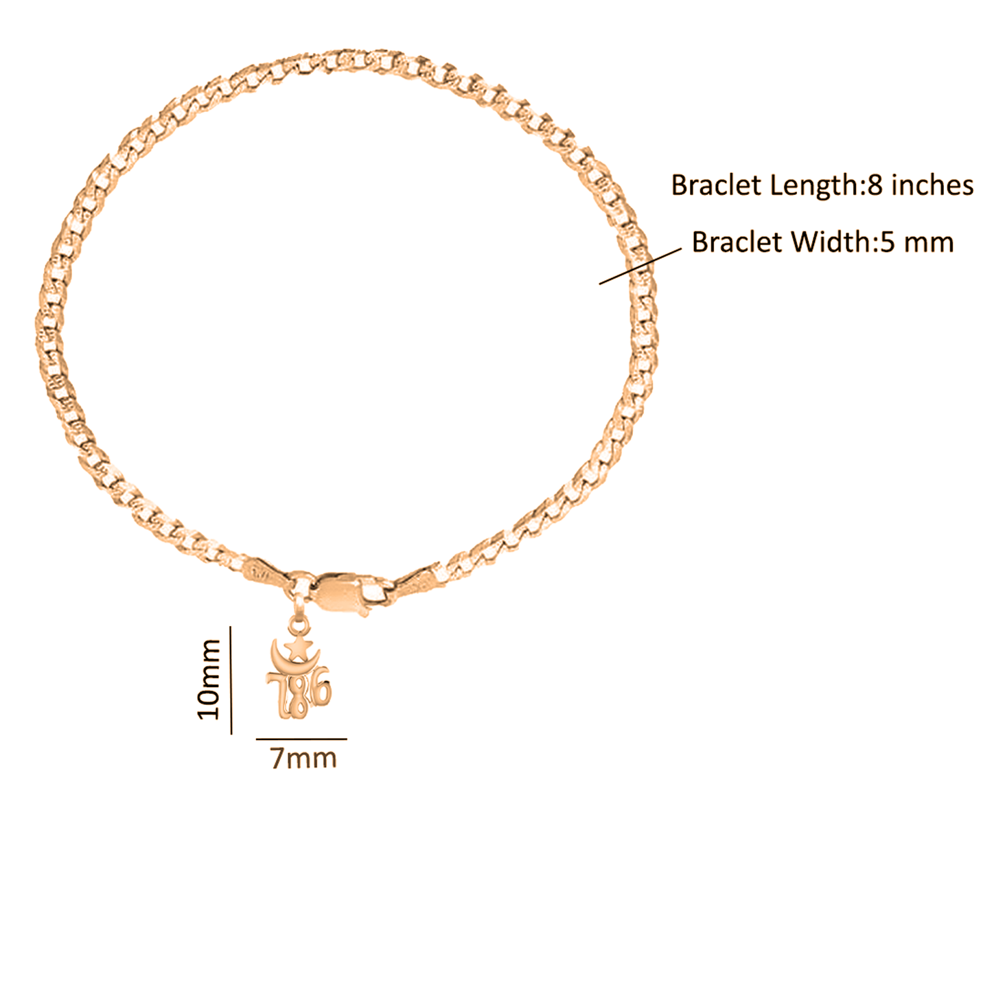22KT gold plated 92.5% pure Sterling Silver Curb Designer Bracelet with religious 786 charm for Men & Boys