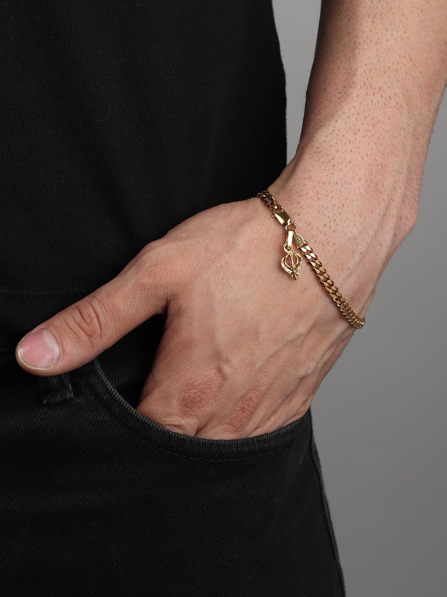 22KT gold plated 92.5% pure Sterling Silver Curb Designer Bracelet with spiritual Sardar Symbol for Men