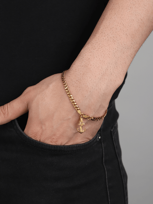 22CT Gold Plated 92.5 Pure Sterling Silver Curb Bracelet with Fashionable Anchor Charm for Men by Akshat Sapphire Gold_BRMCKD7263