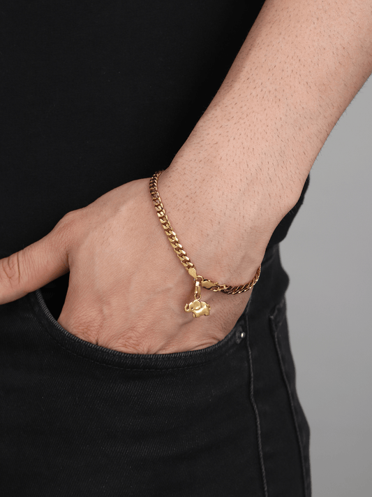 22CT Gold Plated 92.5 Pure Sterling Silver Curb Bracelet with Fashionable Elephant Charm for Men by Akshat Sapphire Gold_BRMCKD7303
