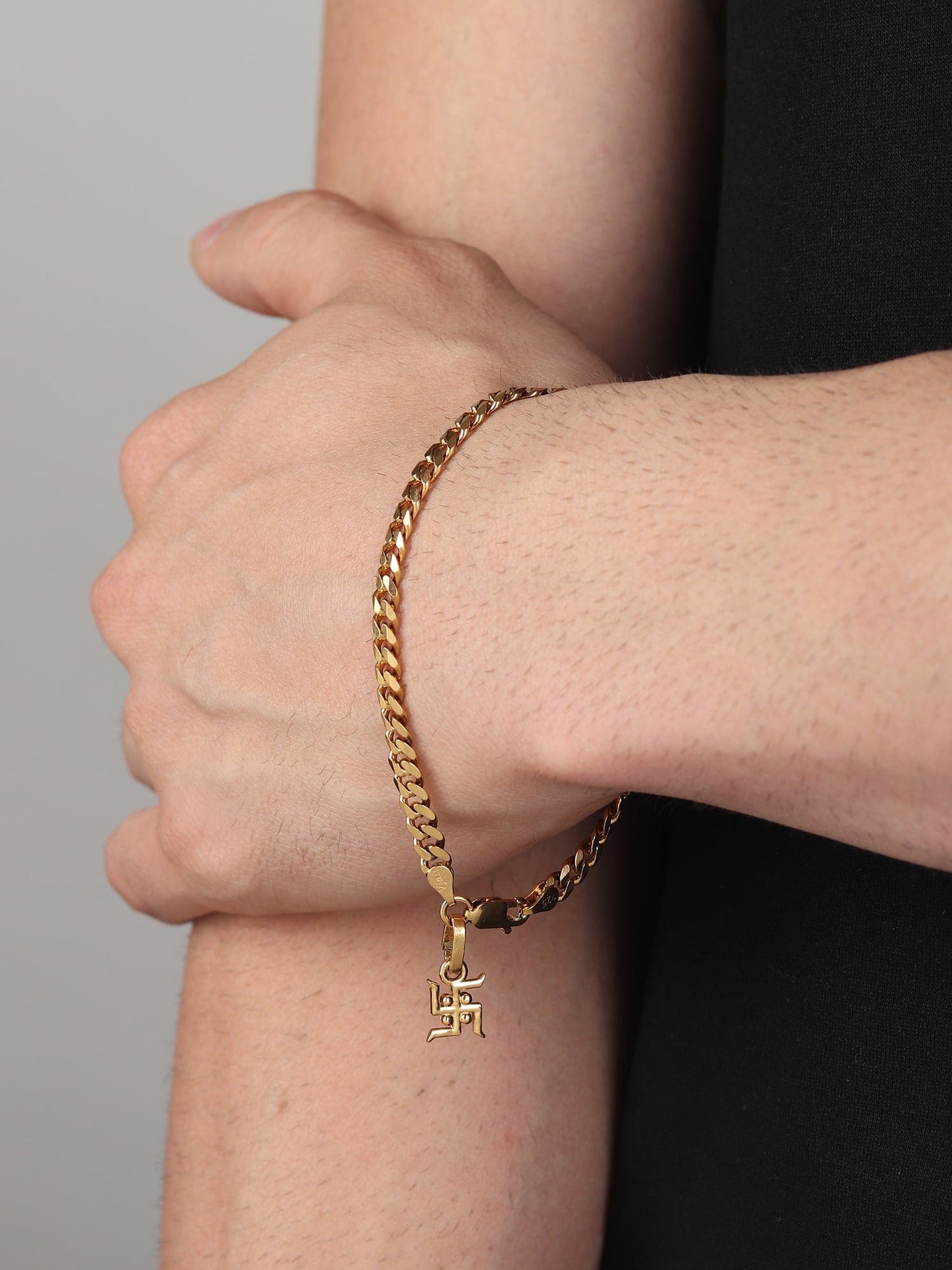 22KT gold plated 92.5% pure Sterling Silver Curb Designer Bracelet with Charm Swastik for Men & Boys