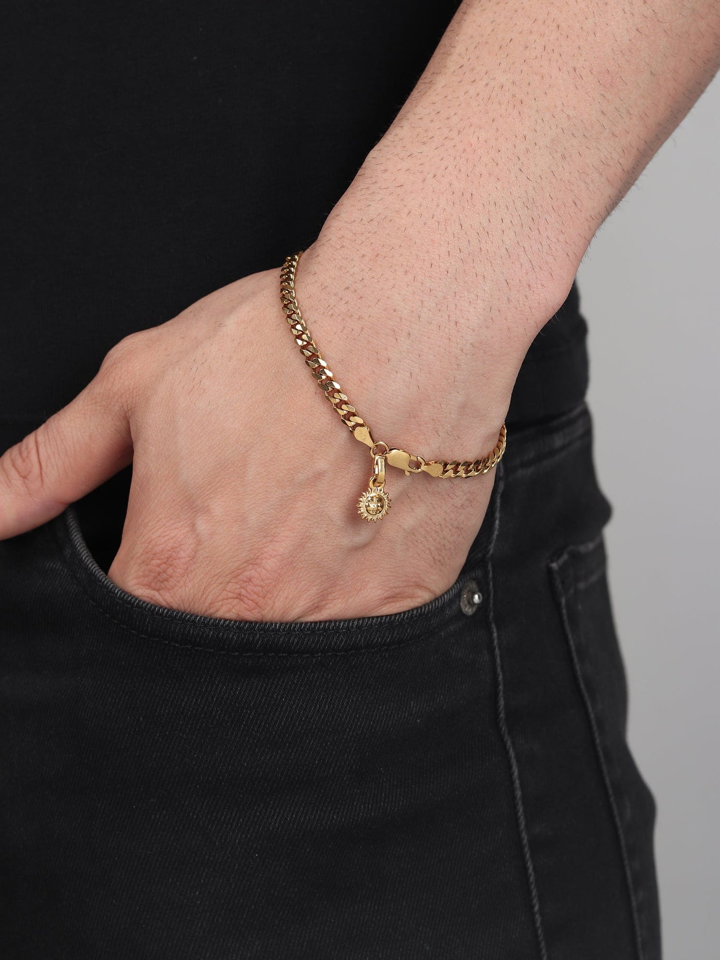 22KT gold plated 92.5% pure Sterling Silver Curb Designer Bracelet with Charm Surya for Men & Boys