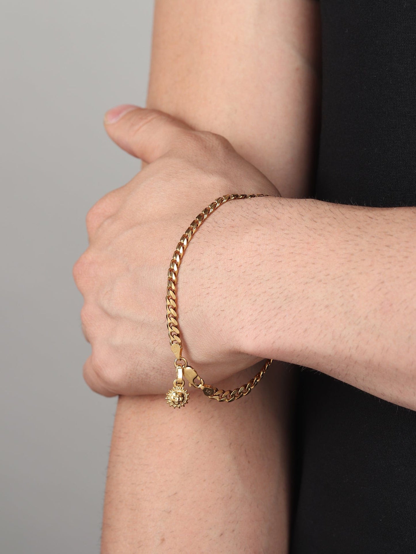 22KT gold plated 92.5% pure Sterling Silver Curb Designer Bracelet with Charm Surya for Men & Boys