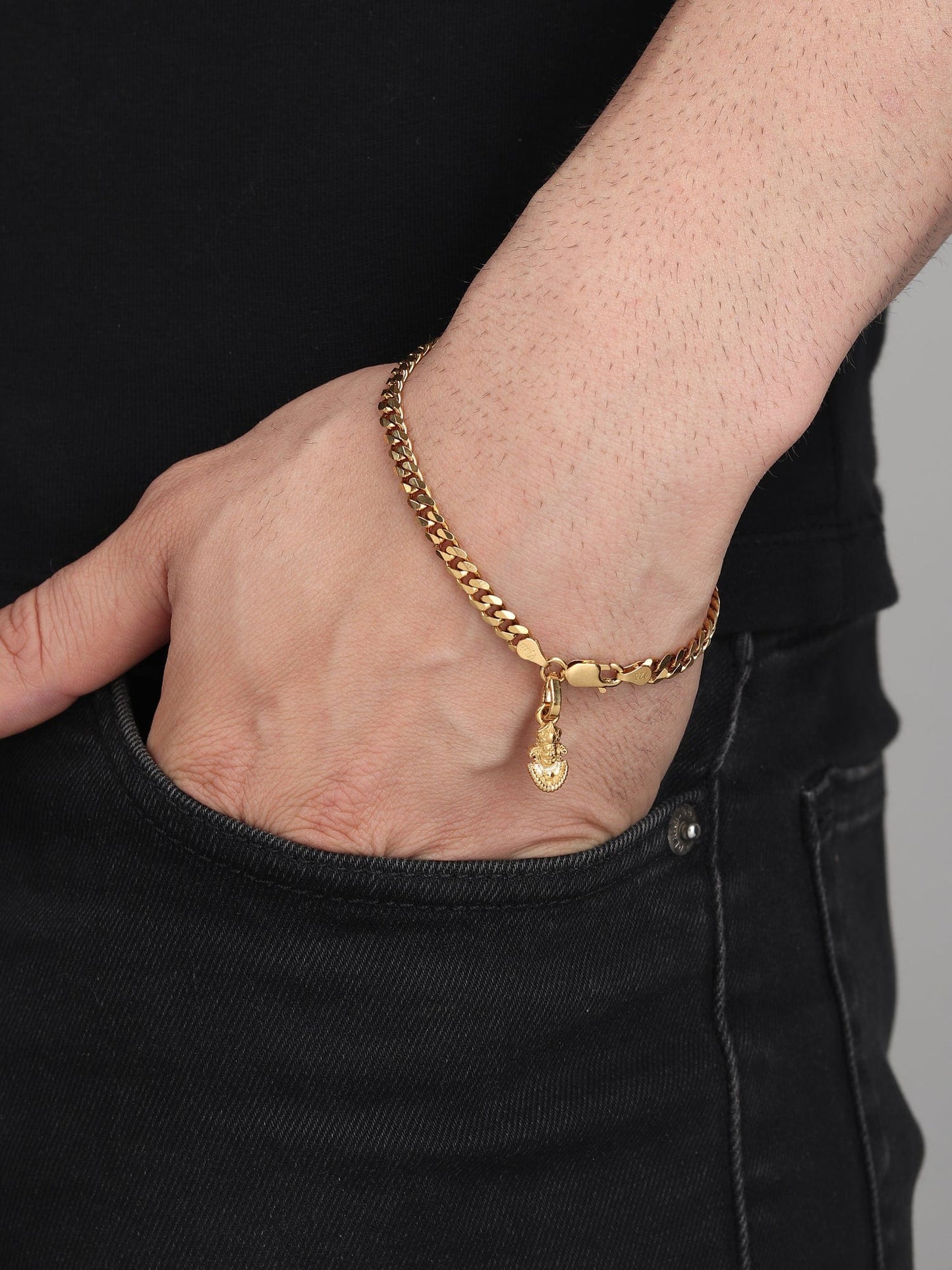 22KT gold plated 92.5% pure Sterling Silver Curb Designer Bracelet with Charm Khatu Shyam for Men