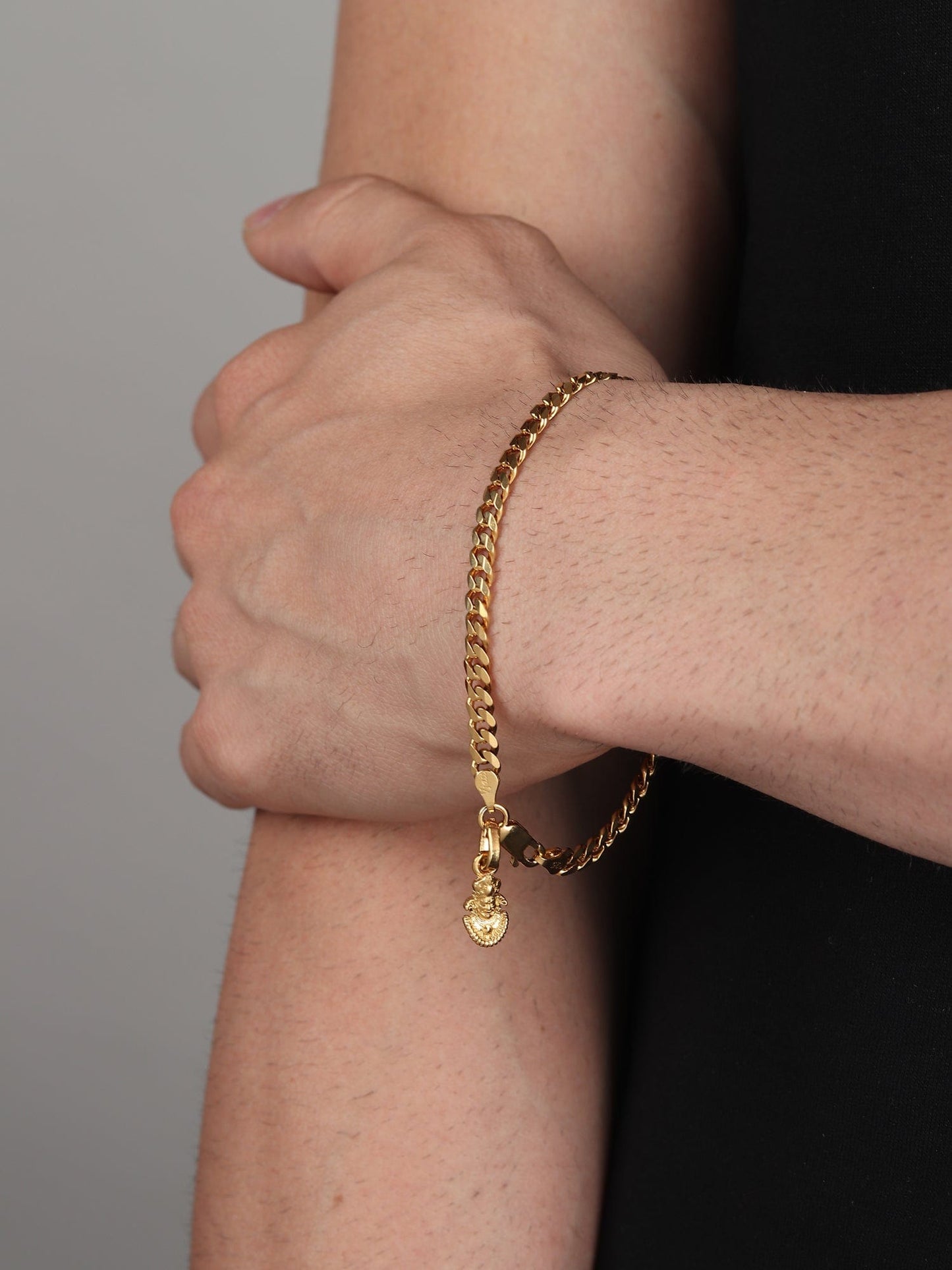 22KT gold plated 92.5% pure Sterling Silver Curb Designer Bracelet with Charm Khatu Shyam for Men