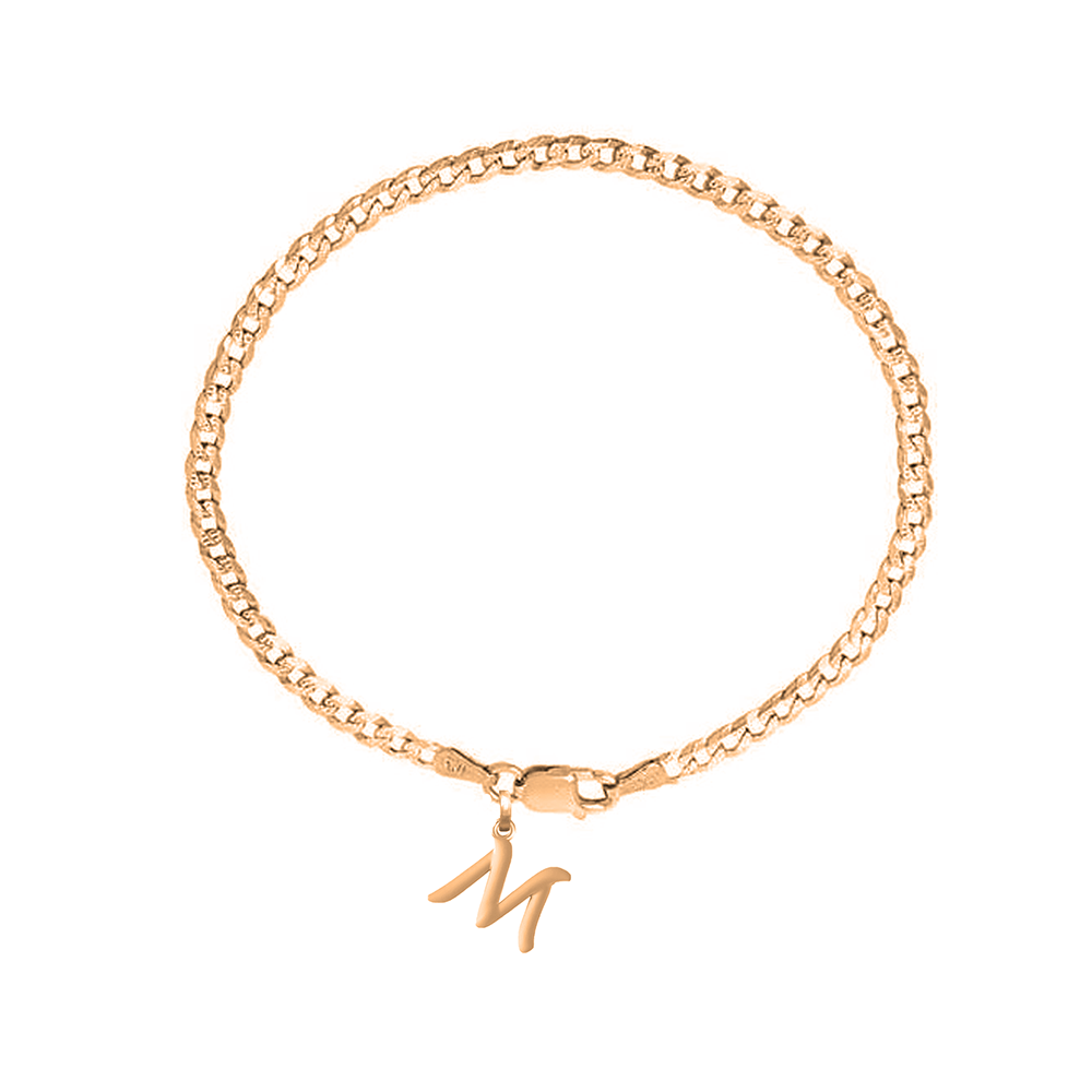 22KT gold plated 92.5% pure Sterling Silver Curb Designer Bracelet with M Alphabet for Men