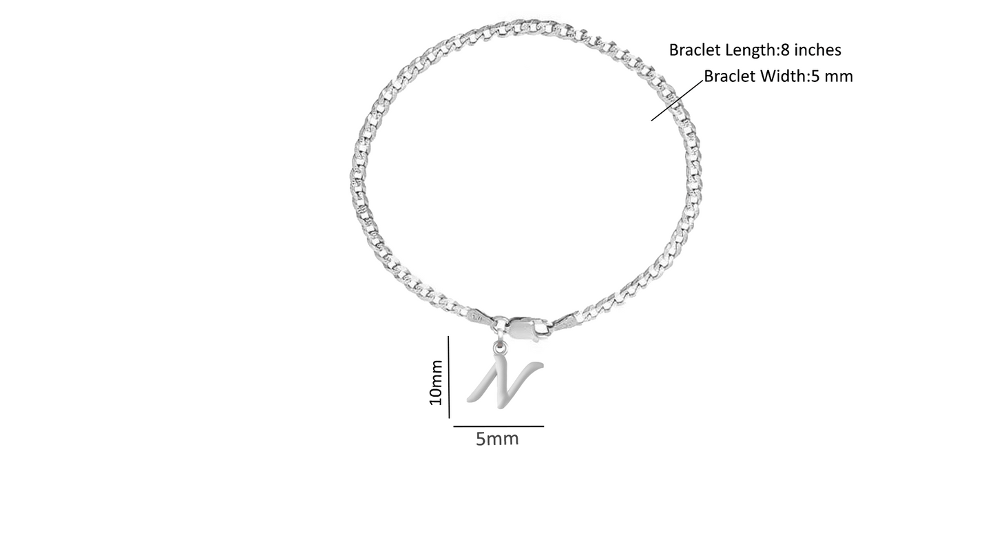 Akshat Sapphire 92.5% pure Sterling Silver Curb Designer Bracelet with N Alphabet for Men