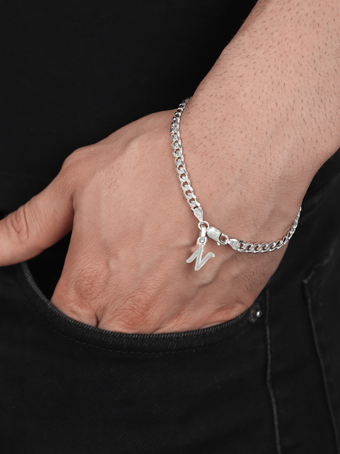 Akshat Sapphire 92.5% pure Sterling Silver Curb Designer Bracelet with N Alphabet for Men
