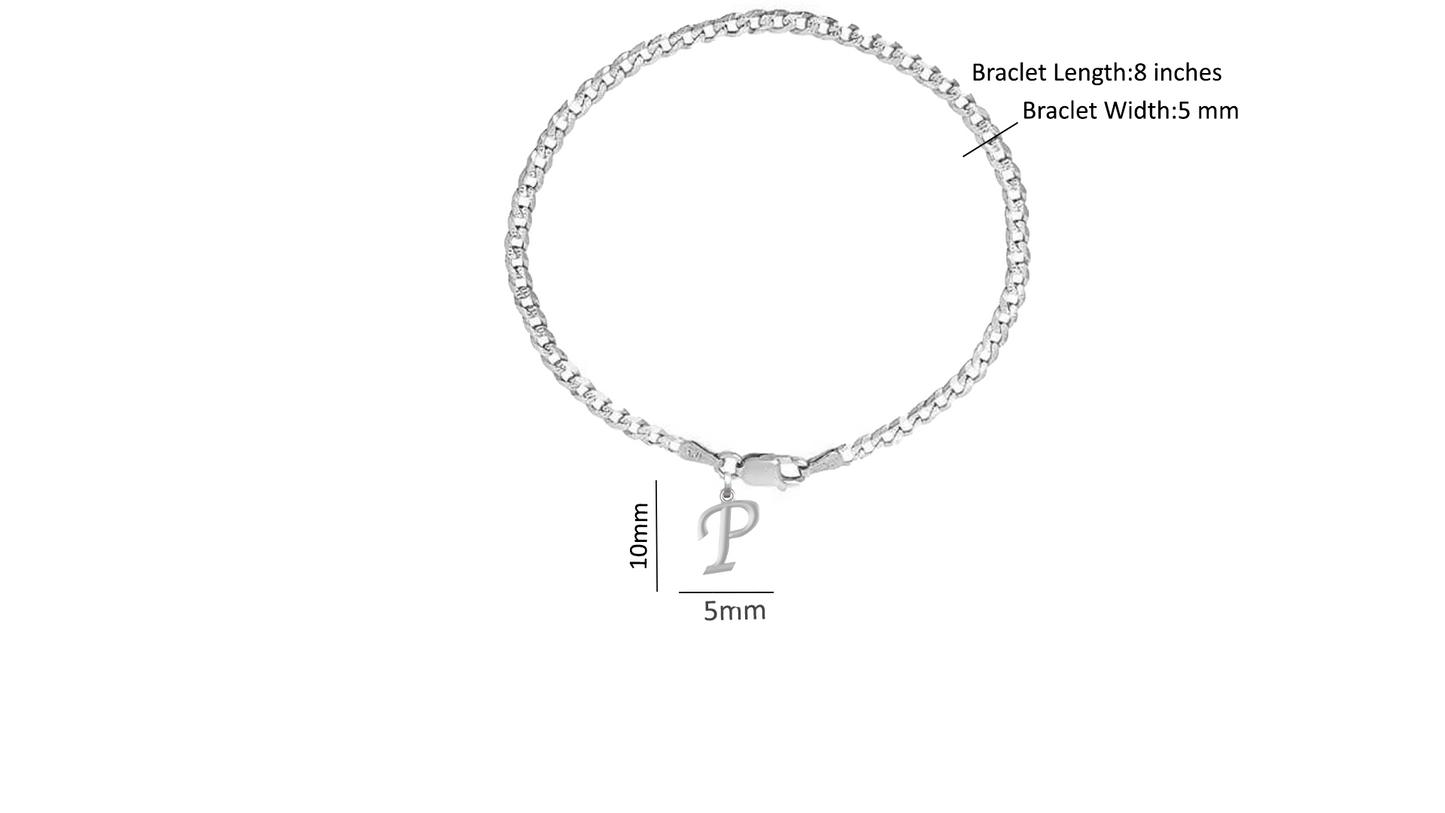 Akshat Sapphire 92.5% pure Sterling Silver Curb Designer Bracelet with P Alphabet for Men