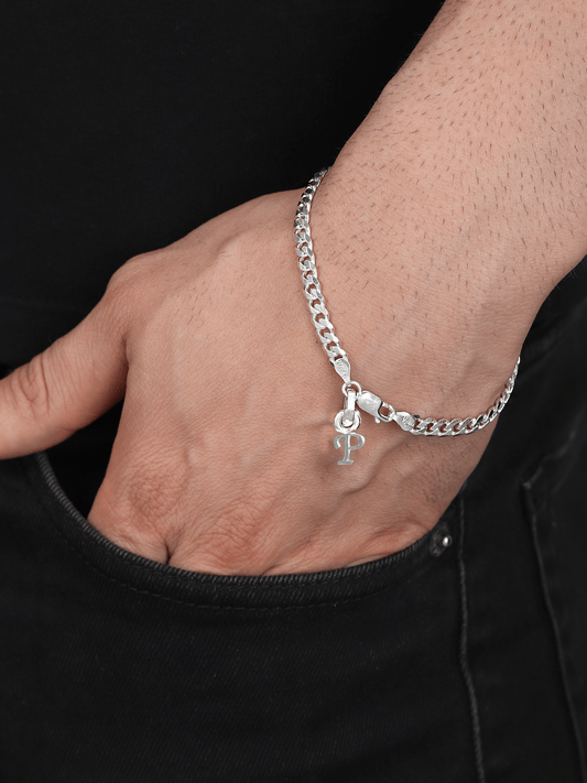 Sterling Silver 92.5% Pure Curb Bracelet with P Alphabet for Men by Akshat Sapphire BRMCKD_P