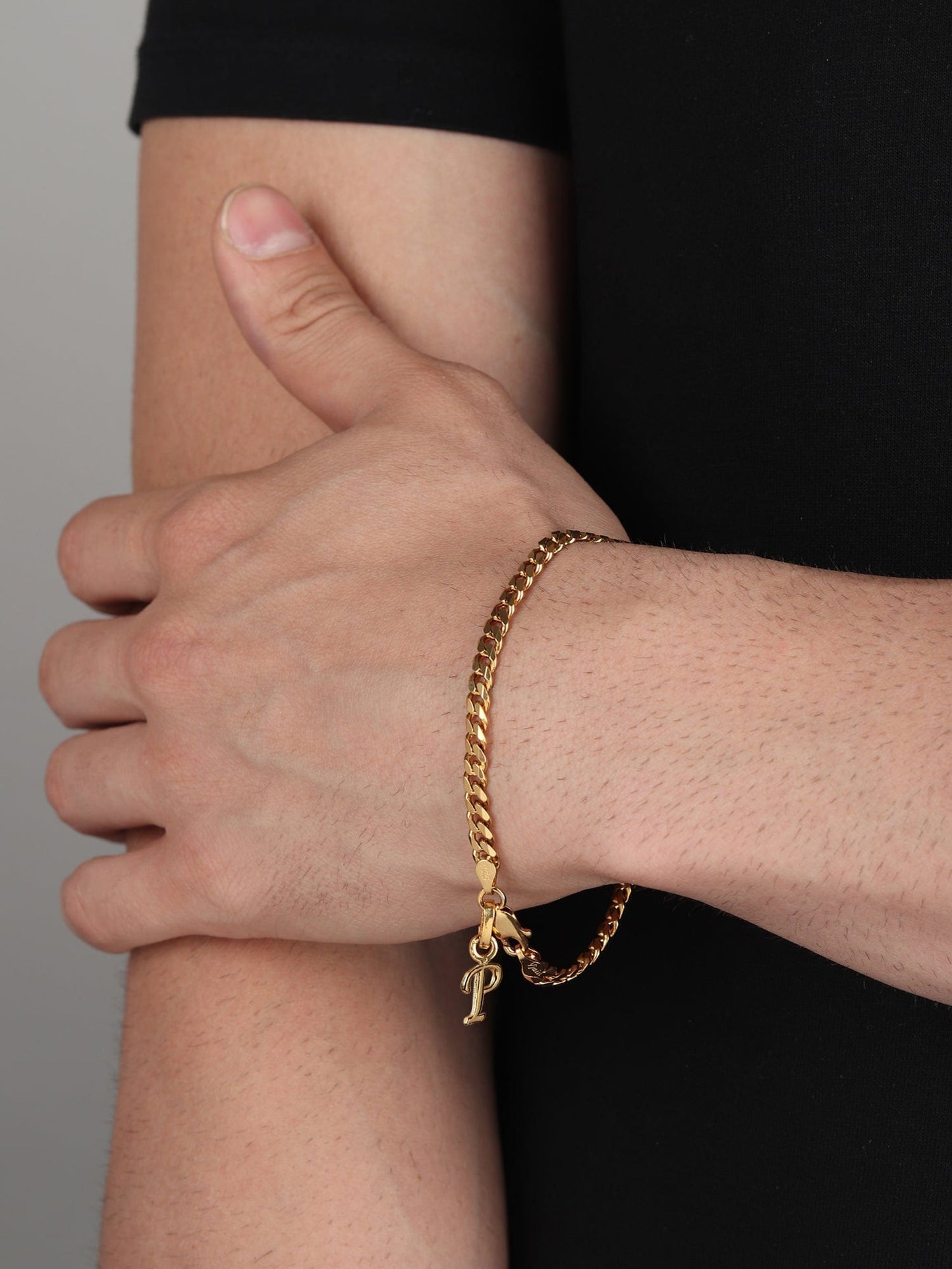 22KT gold plated 92.5% pure Sterling Silver Curb Designer Bracelet with P Alphabet for Men