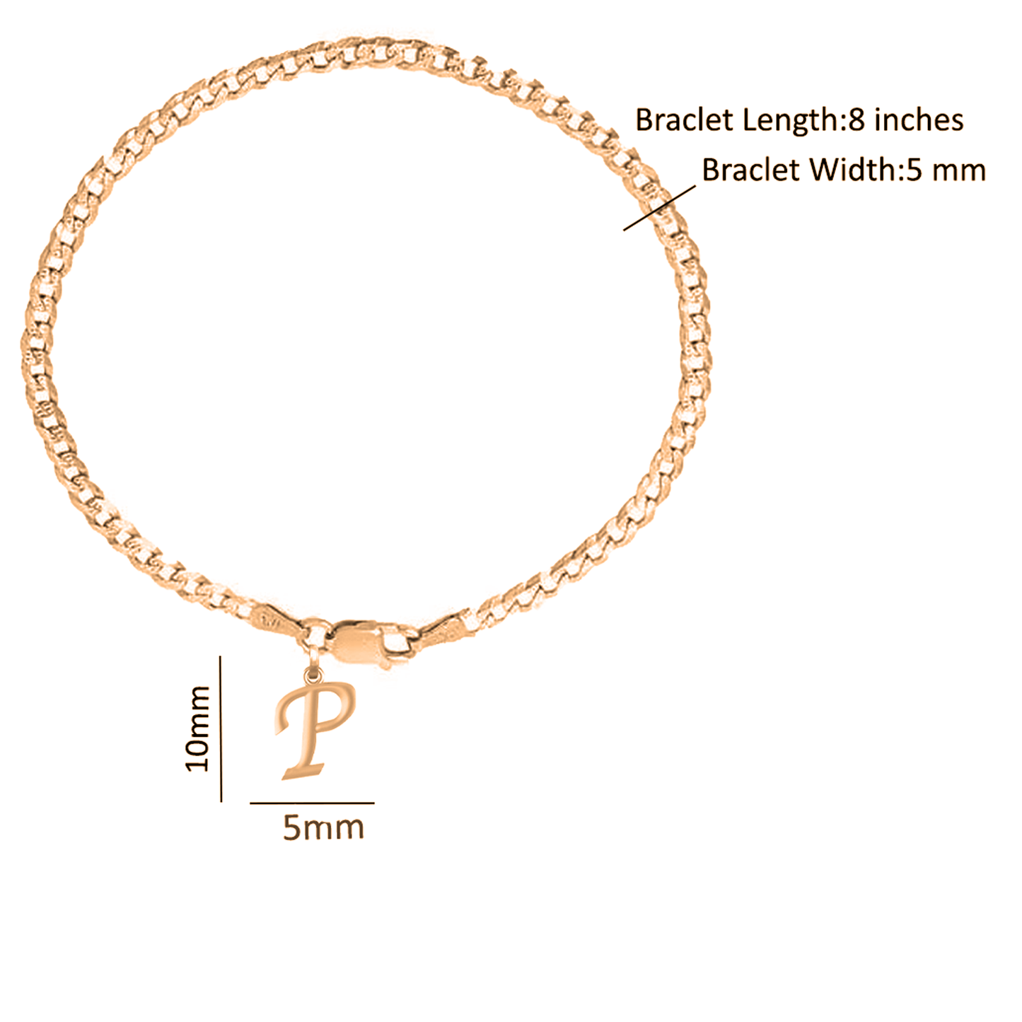 22KT gold plated 92.5% pure Sterling Silver Curb Designer Bracelet with P Alphabet for Men