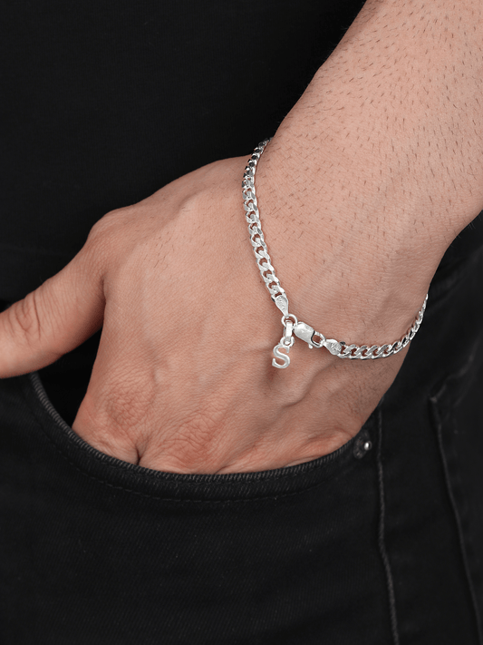 Sterling Silver 92.5% Pure Curb Bracelet with S Alphabet for Men by Akshat Sapphire BRMCKD_S