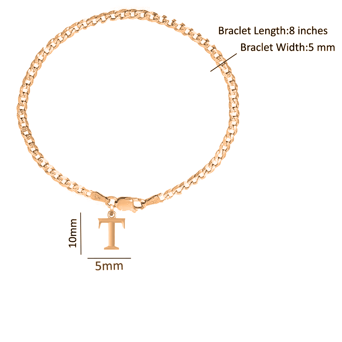22KT gold plated 92.5% pure Sterling Silver Curb Designer Bracelet with T Alphabet for Men