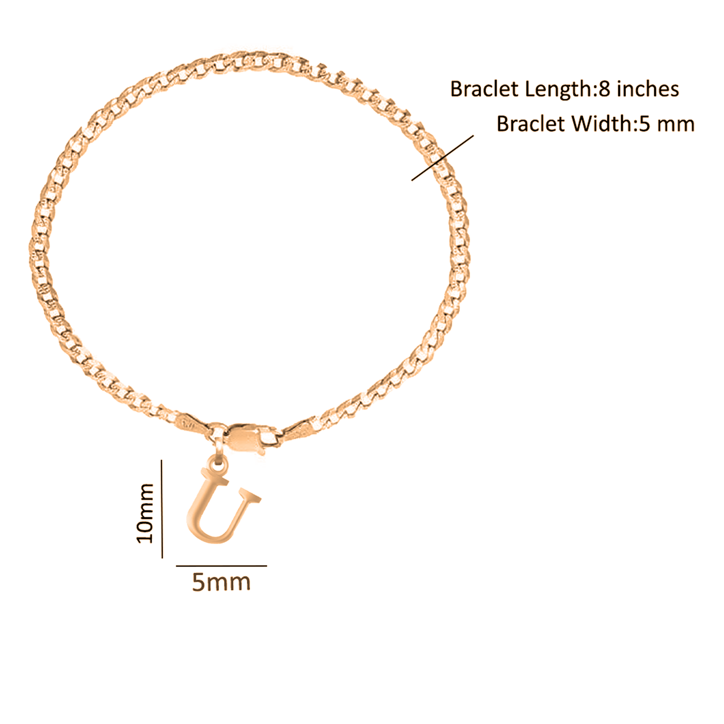22KT gold plated 92.5% pure Sterling Silver Curb Designer Bracelet with U Alphabet for Men