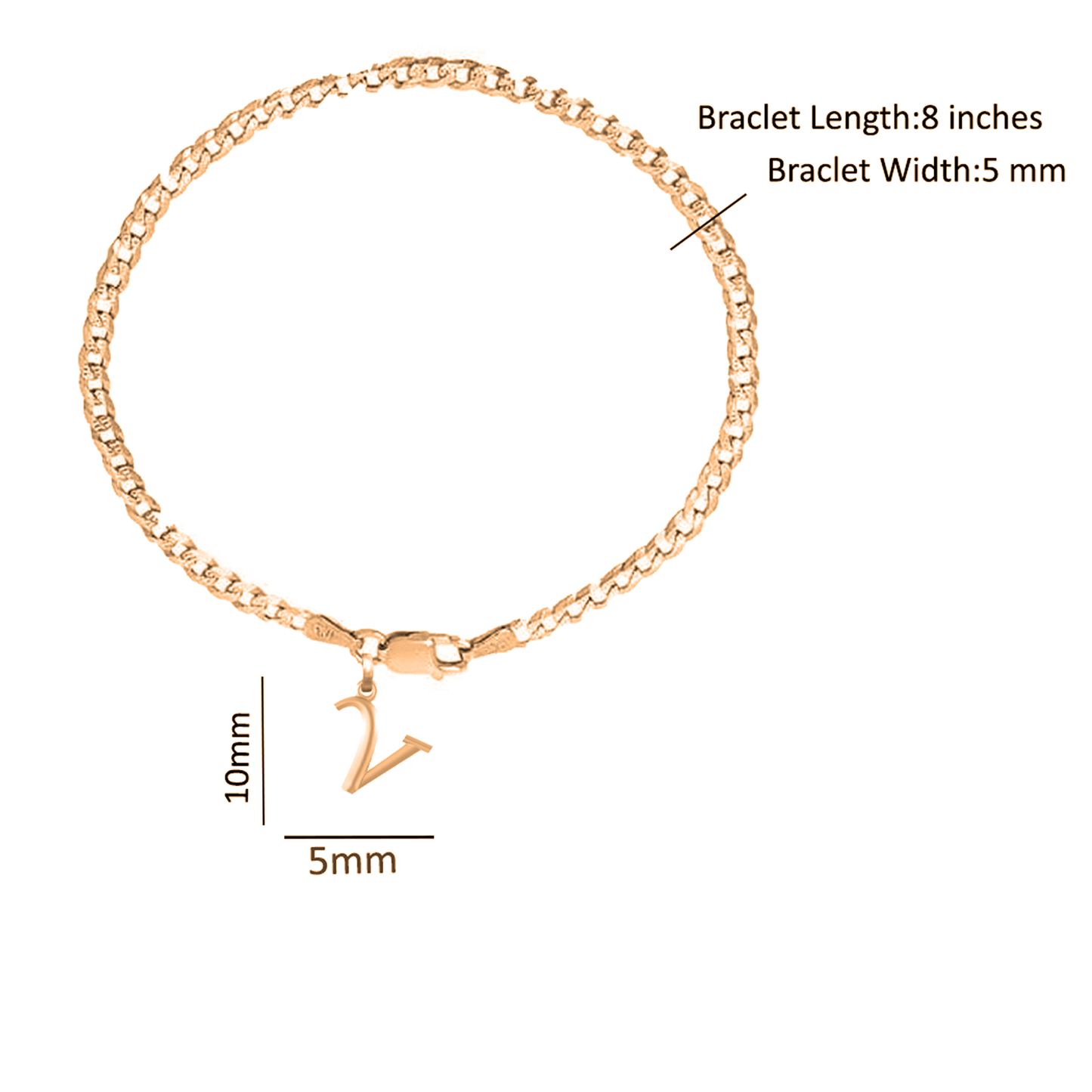 22KT gold plated 92.5% pure Sterling Silver Curb Designer Bracelet with V Alphabet for Men