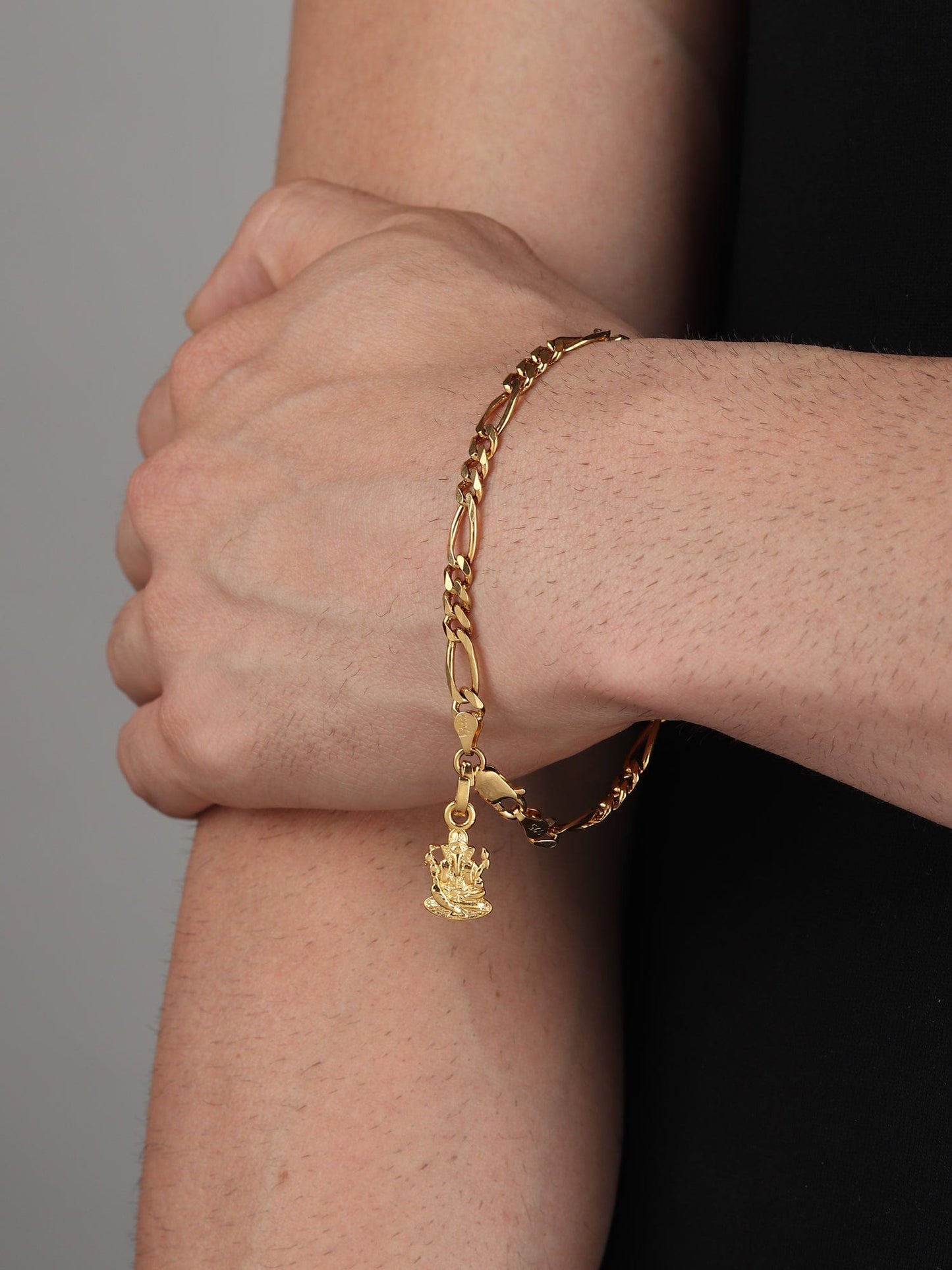 22KT gold plated 92.5% pure Sterling Silver Figaro Designer Bracelet with Charm Ganesh for Men & Boys
