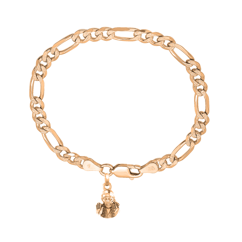 22KT gold plated 92.5% pure Sterling Silver Figaro Designer Bracelet with Charm Sai Baba for Men & Boy