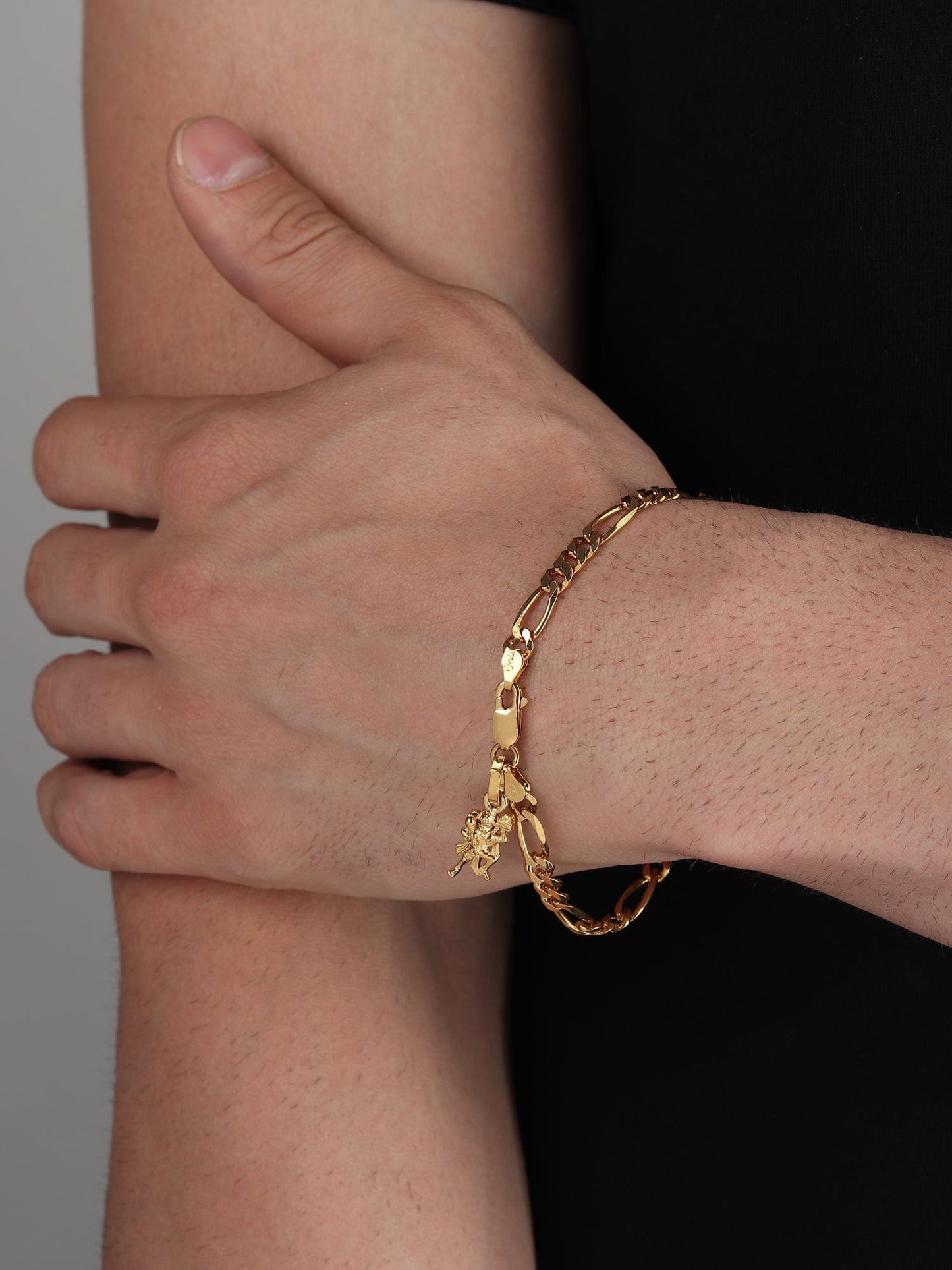 22KT gold plated 92.5% pure Sterling Silver Figaro Designer Bracelet with Charm Hanuman/Bajrang Bali for Men
