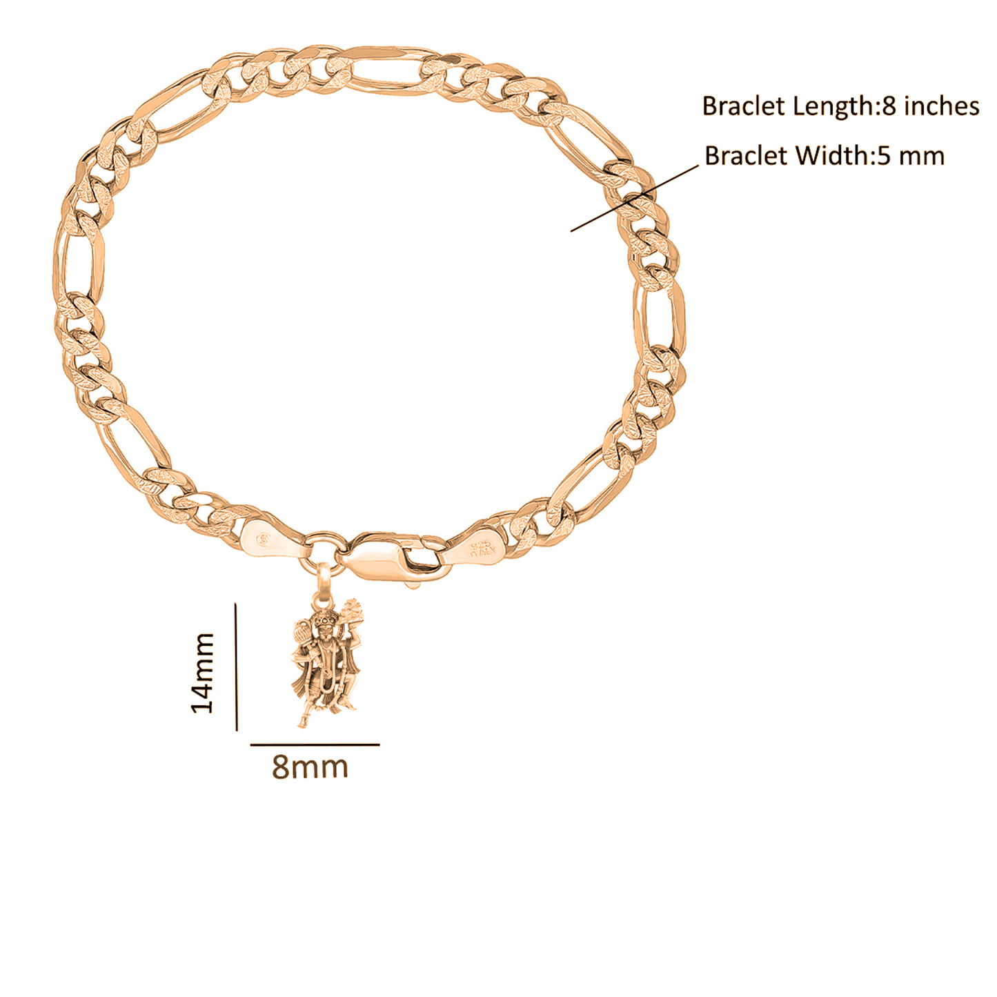 22KT gold plated 92.5% pure Sterling Silver Figaro Designer Bracelet with Charm Hanuman/Bajrang Bali for Men