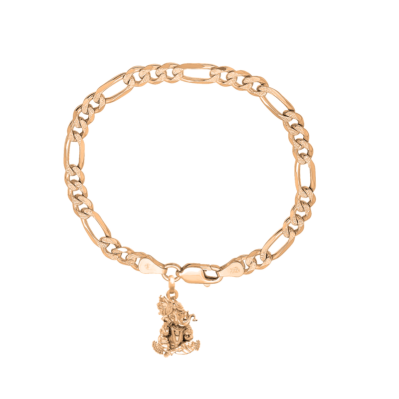 22KT gold plated 92.5% pure Sterling Silver Figaro Designer Bracelet with Charm Ganesh for Men & Boys