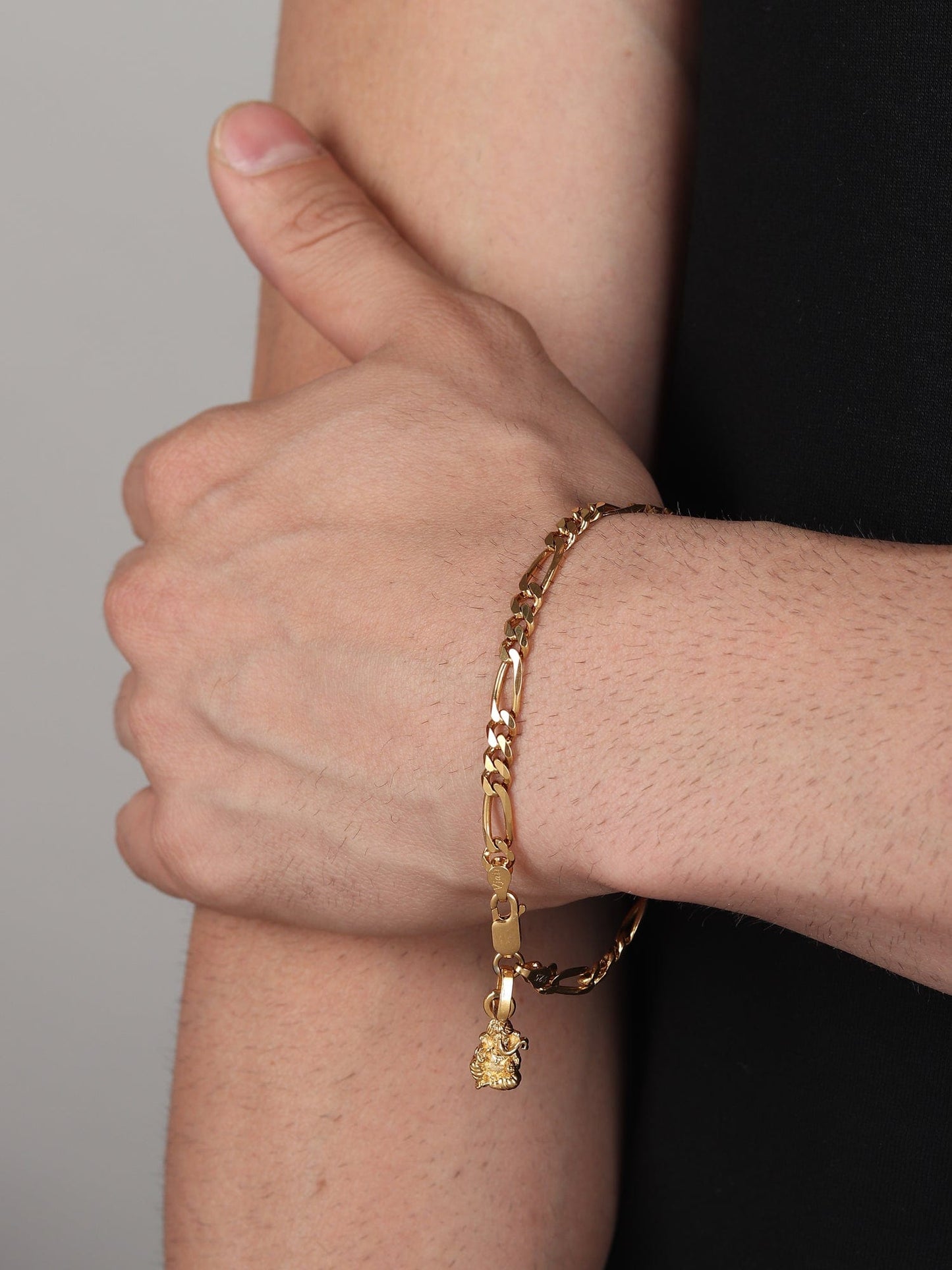 22KT gold plated 92.5% pure Sterling Silver Figaro Designer Bracelet with Charm Ganesh for Men & Boys