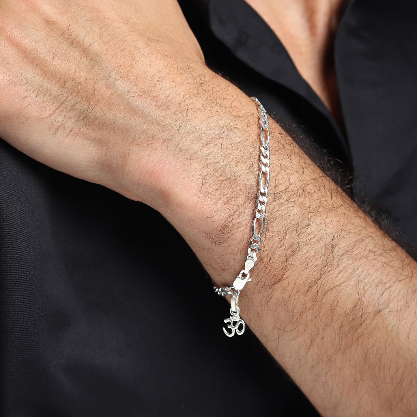 92.5% pure Sterling Silver Figaro Designer Bracelet with spiritual OM for Men & Boys
