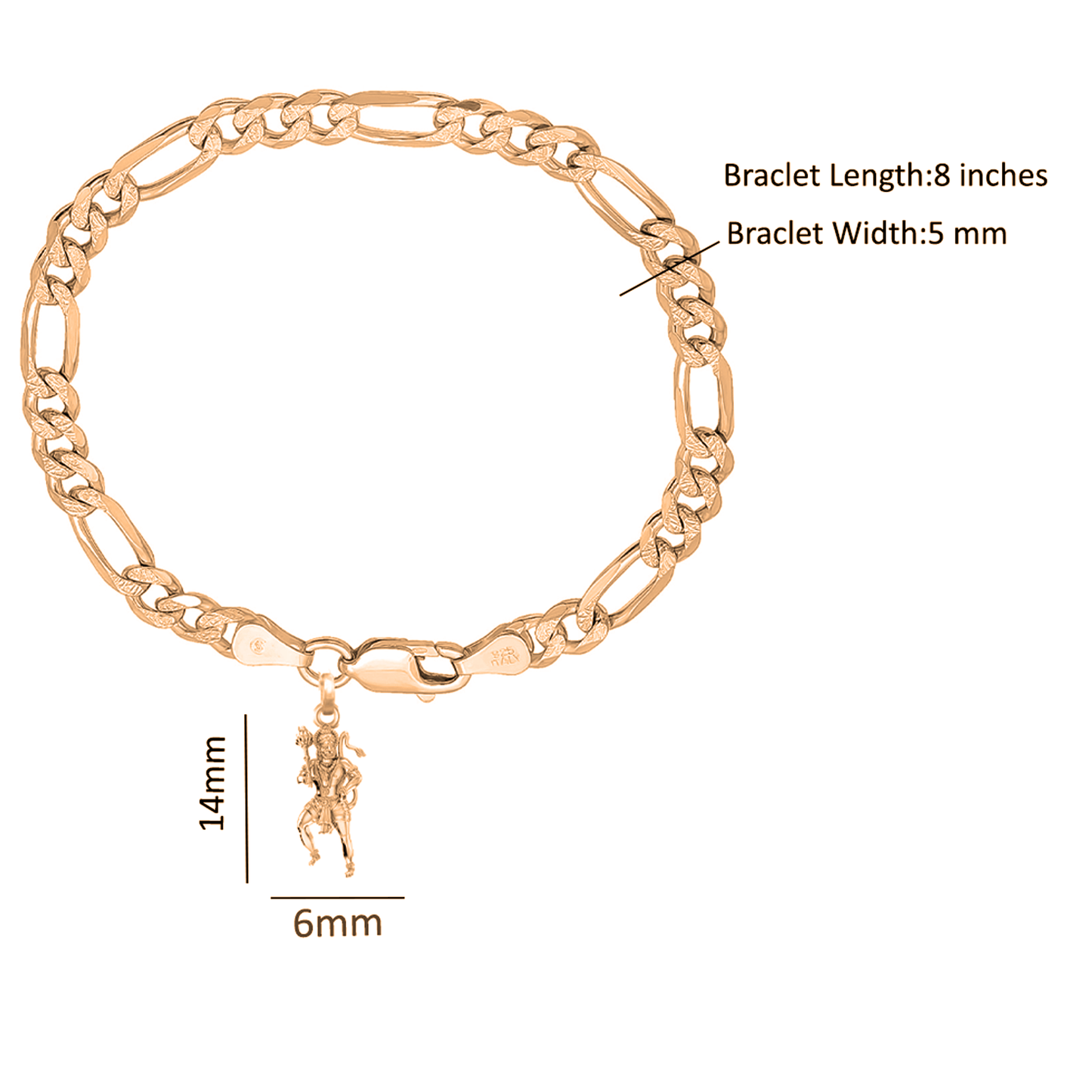 22KT gold plated 92.5% pure Sterling Silver Figaro Designer Bracelet with Charm Hanuman/Bajrang Bali for Men