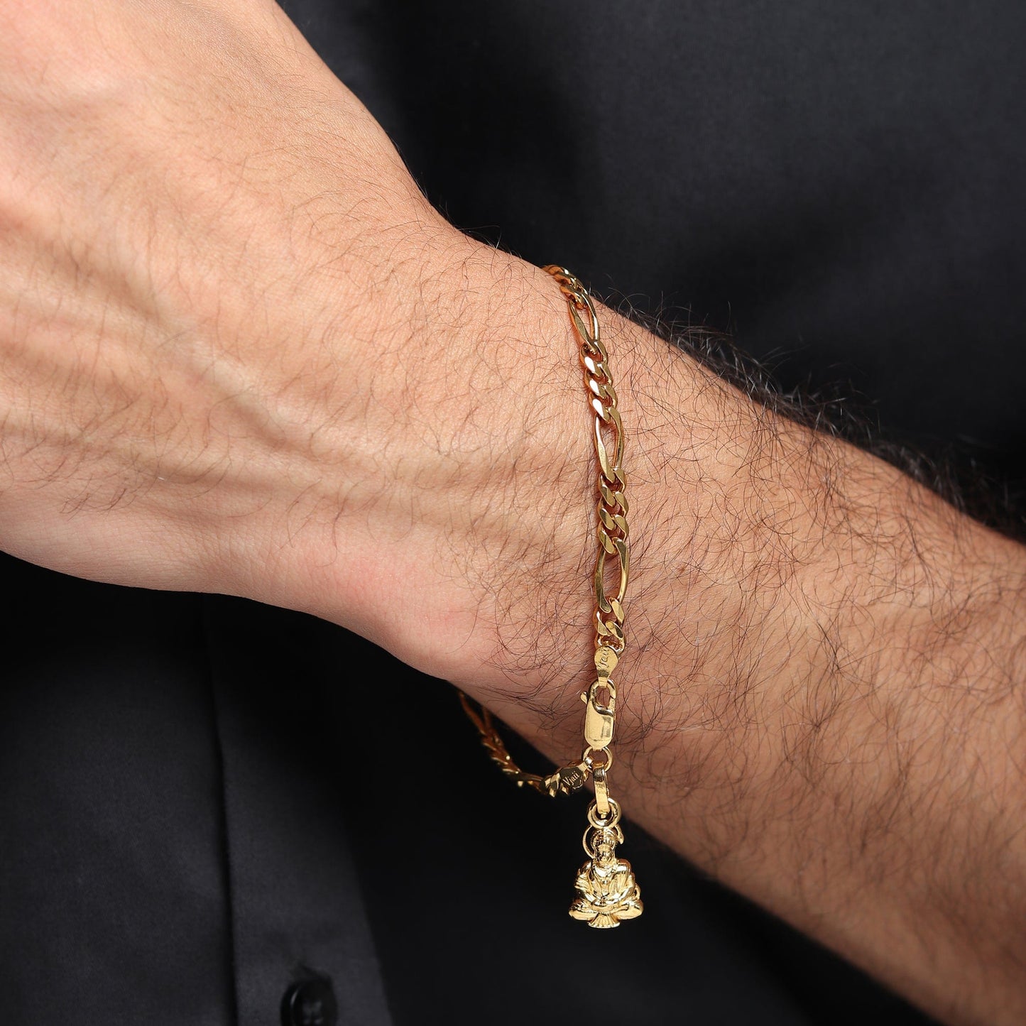 22KT gold plated 92.5% pure Sterling Silver Figaro Designer Bracelet with Charm Hanuman/Bajrang Bali for Men