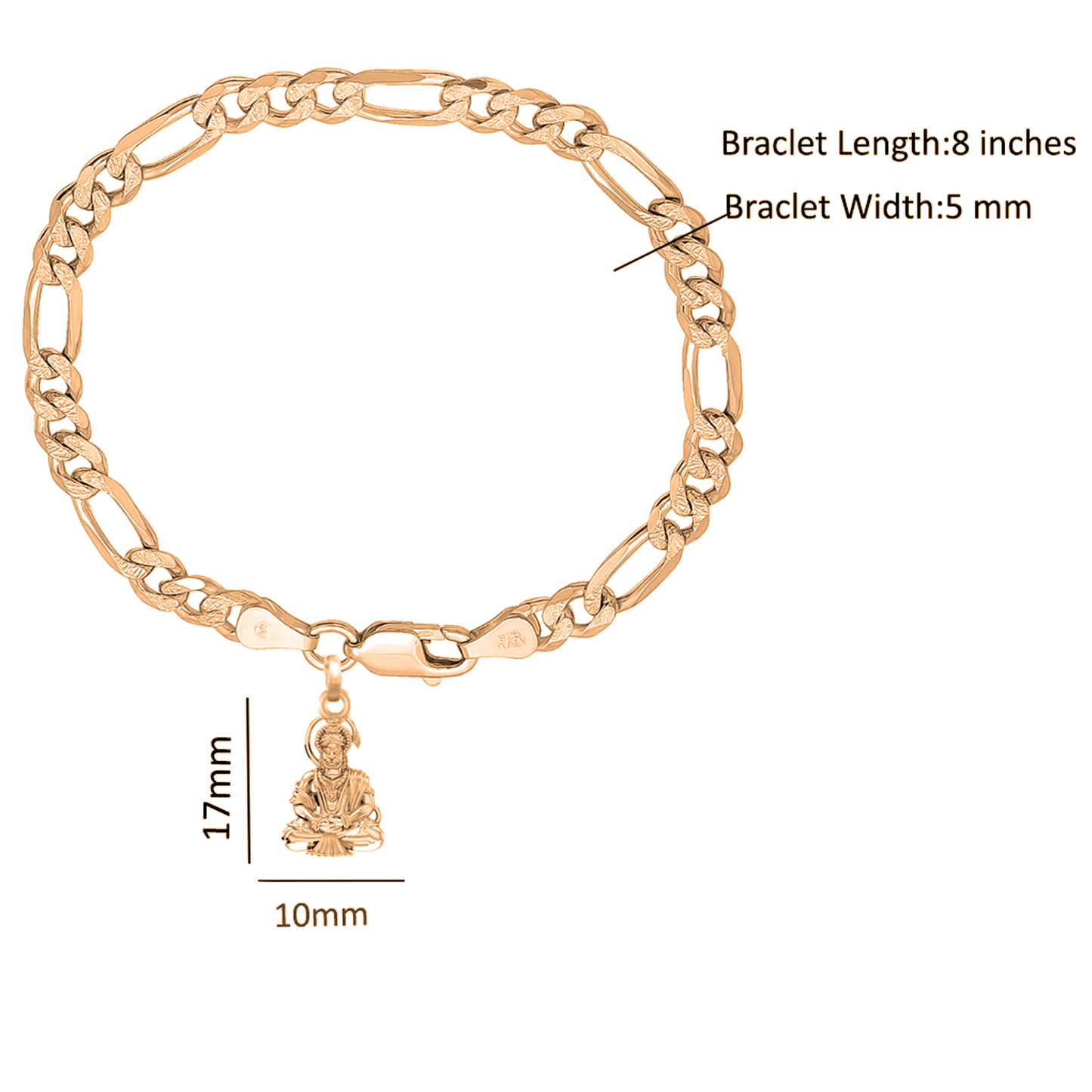 22KT gold plated 92.5% pure Sterling Silver Figaro Designer Bracelet with Charm Hanuman/Bajrang Bali for Men