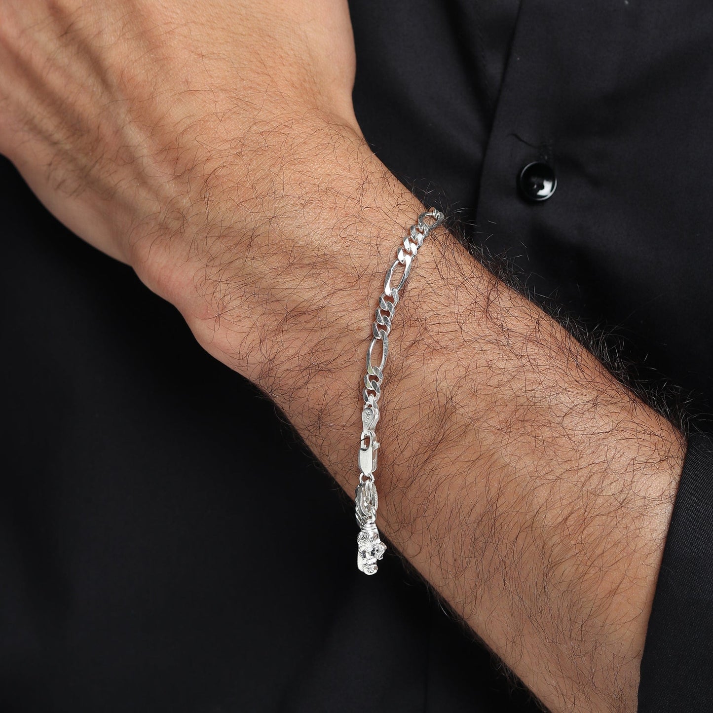 92.5% pure Sterling Silver Figaro Designer Bracelet with Charm Ganesh for Men & Boys