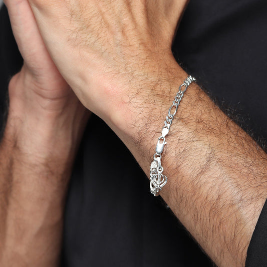 Sterling Silver figaro bracelet with sikh khanda symbol charm for men by akshat sapphire 92.5 silver brmfkd7193