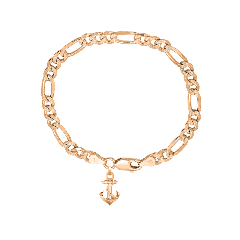 22KT gold plated 92.5% pure Sterling Silver Figaro Designer Bracelet with Ship Anchor for Men