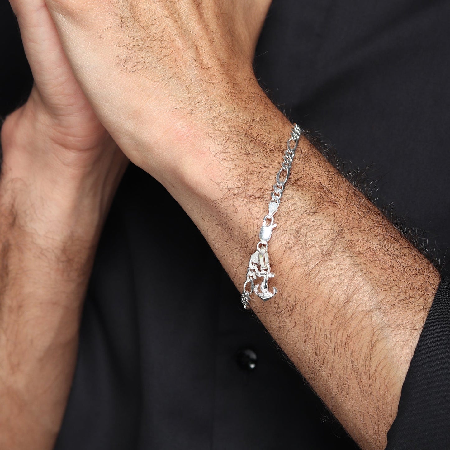 92.5% pure Sterling Silver Figaro Designer Bracelet with Ship Anchor for Men