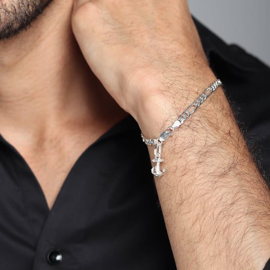 92.5% pure Sterling Silver Figaro Designer Bracelet with Ship Anchor for Men