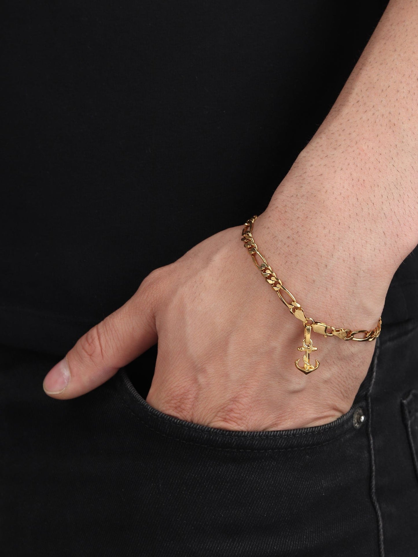 22KT gold plated 92.5% pure Sterling Silver Figaro Designer Bracelet with Ship Anchor for Men