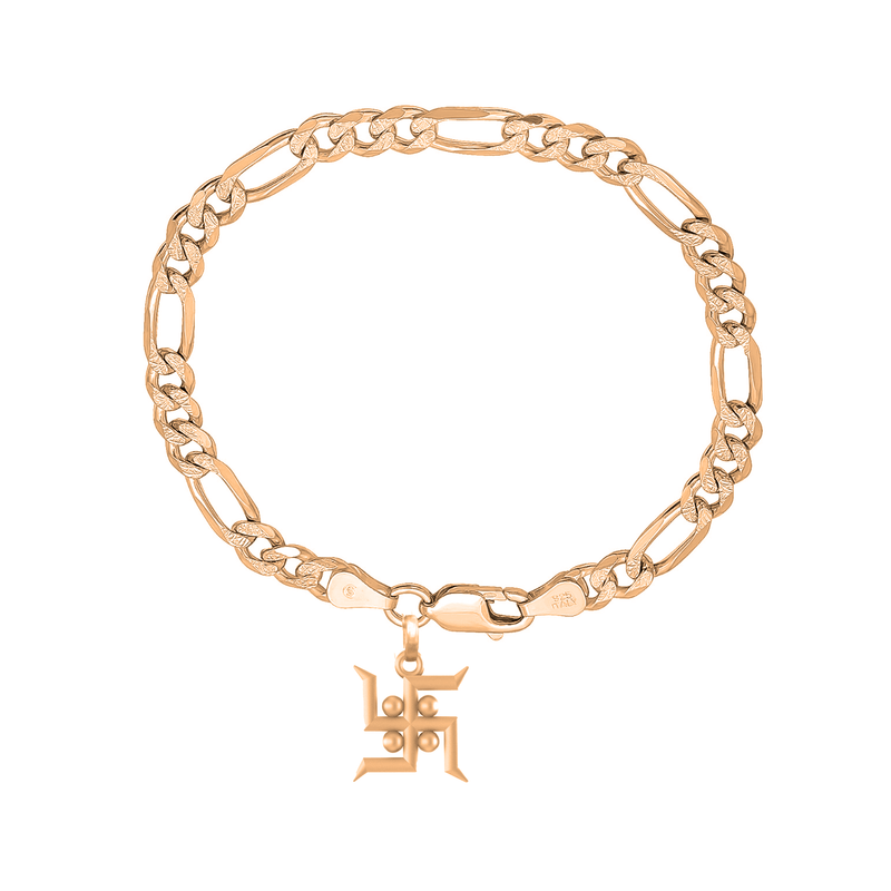 22KT gold plated 92.5% pure Sterling Silver Figaro Designer Bracelet with Charm Swastik for Men