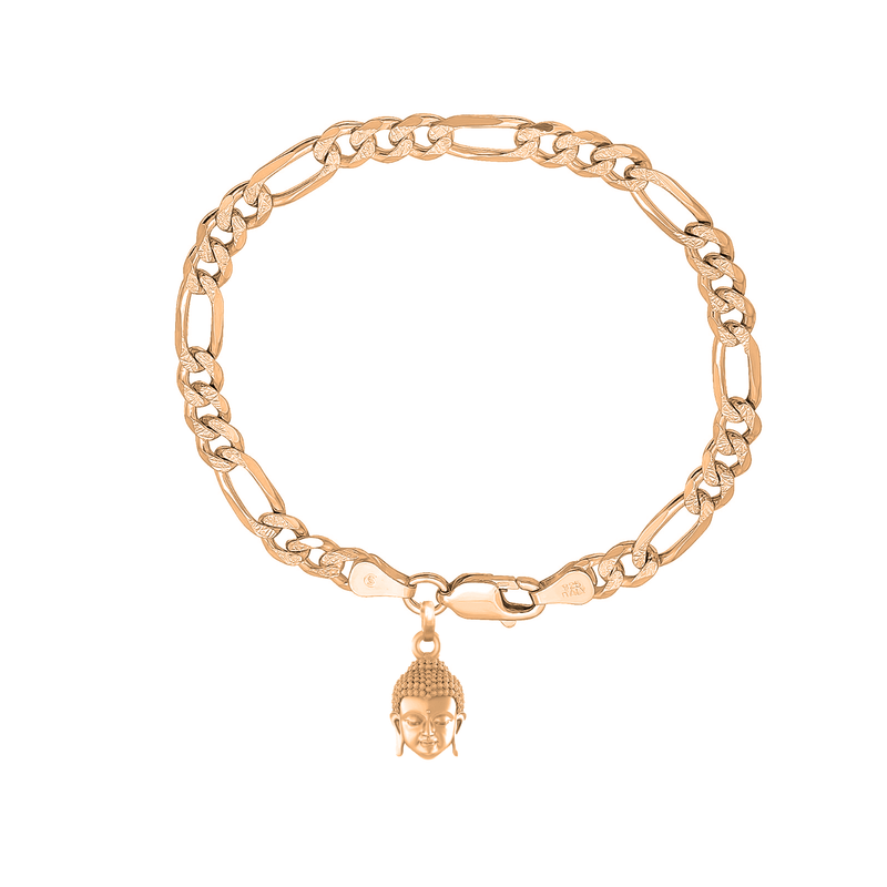 22KT gold plated 92.5% pure Sterling Silver Figaro Designer Bracelet with Charm Buddha for Men & Boys