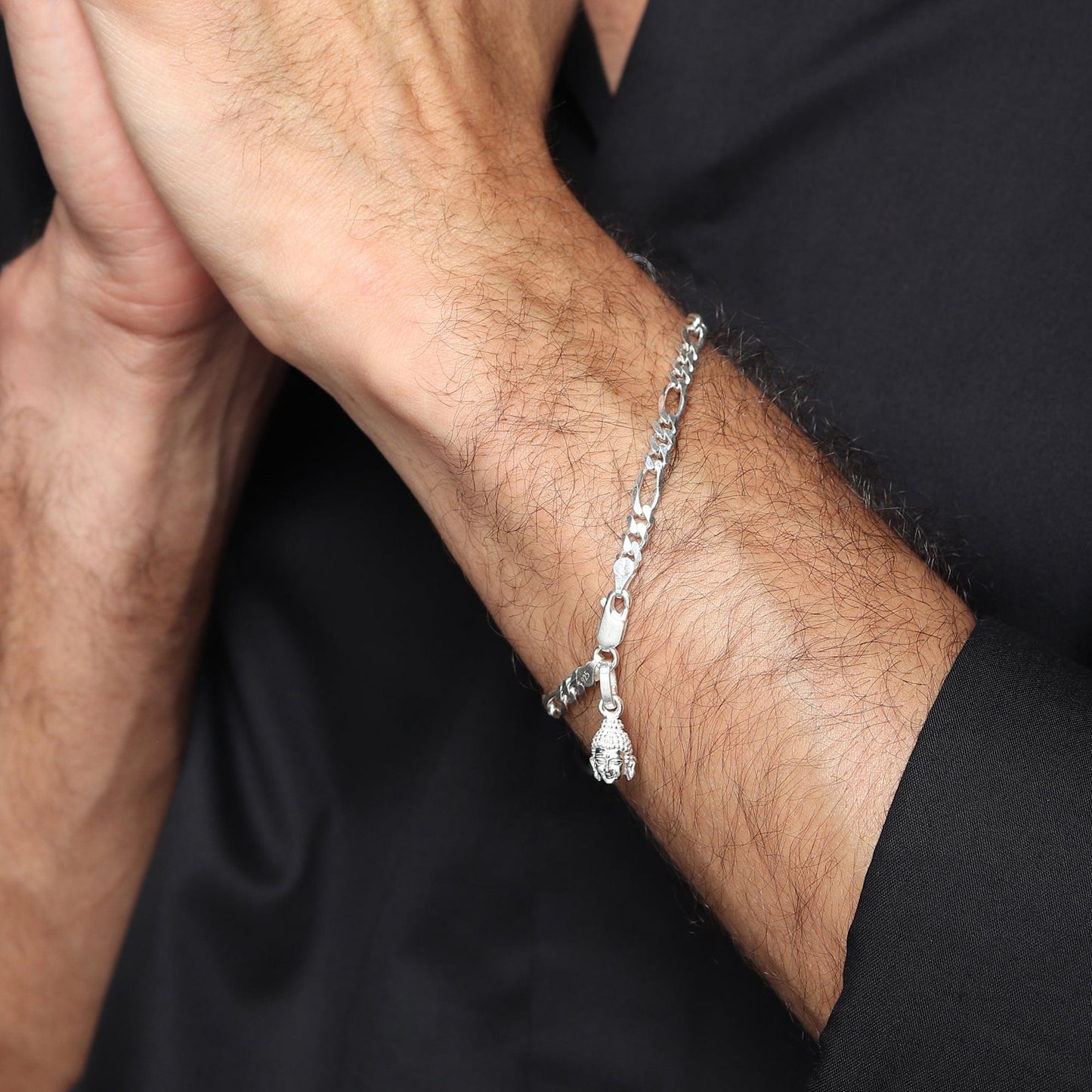 Akshat Sapphire 92.5% pure Sterling Silver Figaro Designer Bracelet with Charm Buddha for Men & Boys