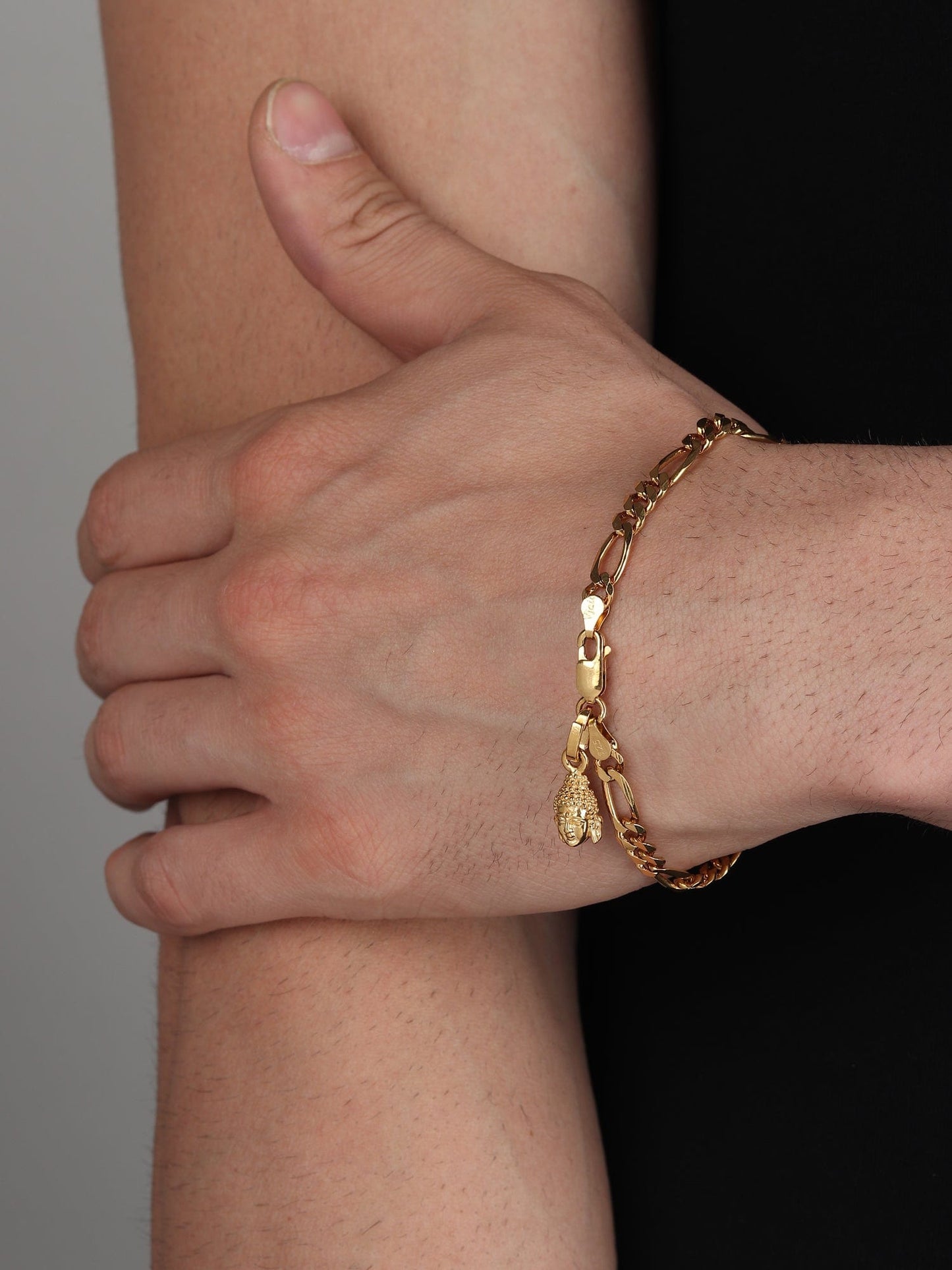 22KT gold plated 92.5% pure Sterling Silver Figaro Designer Bracelet with Charm Buddha for Men & Boys