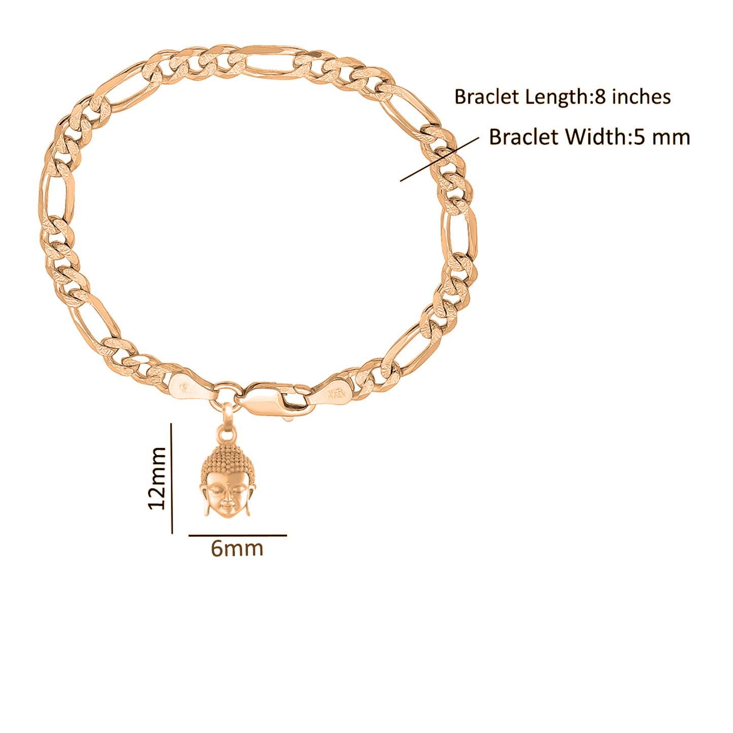 22KT gold plated 92.5% pure Sterling Silver Figaro Designer Bracelet with Charm Buddha for Men & Boys