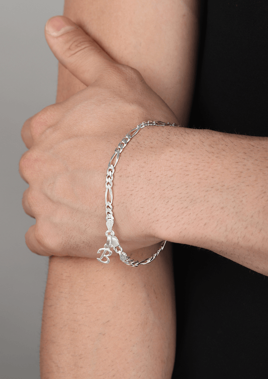 Sterling Silver 92.5% Pure Figaro Bracelet with B Alphabet for Men by Akshat Sapphire BRMFKD_B