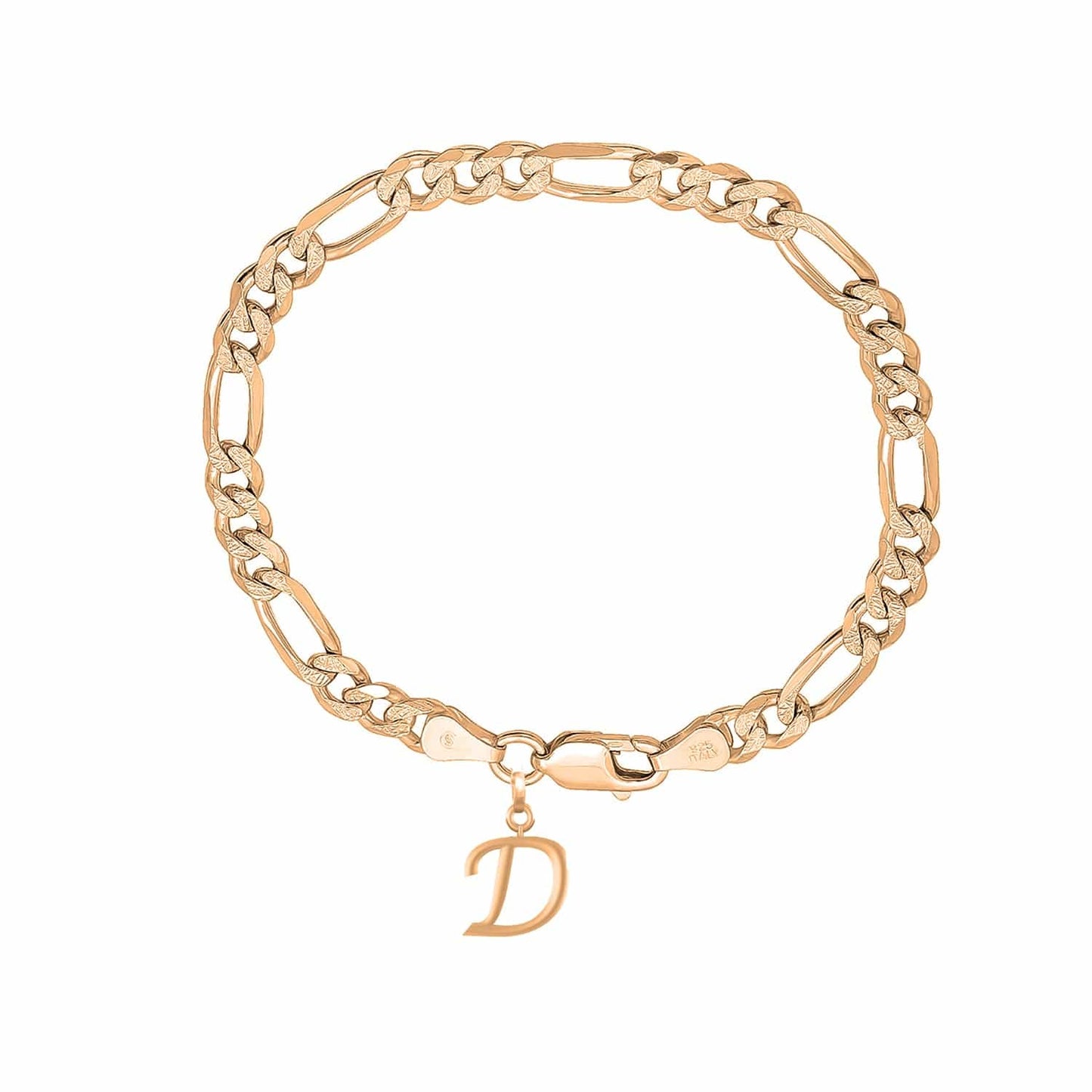 22KT gold plated 92.5% pure Sterling Silver Figaro Designer Bracelet with D Alphabet for Men