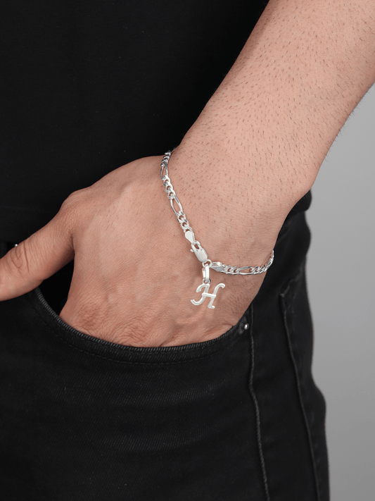 Sterling Silver 92.5% Pure Figaro Bracelet with H Alphabet for Men by Akshat Sapphire BRMFKD_H